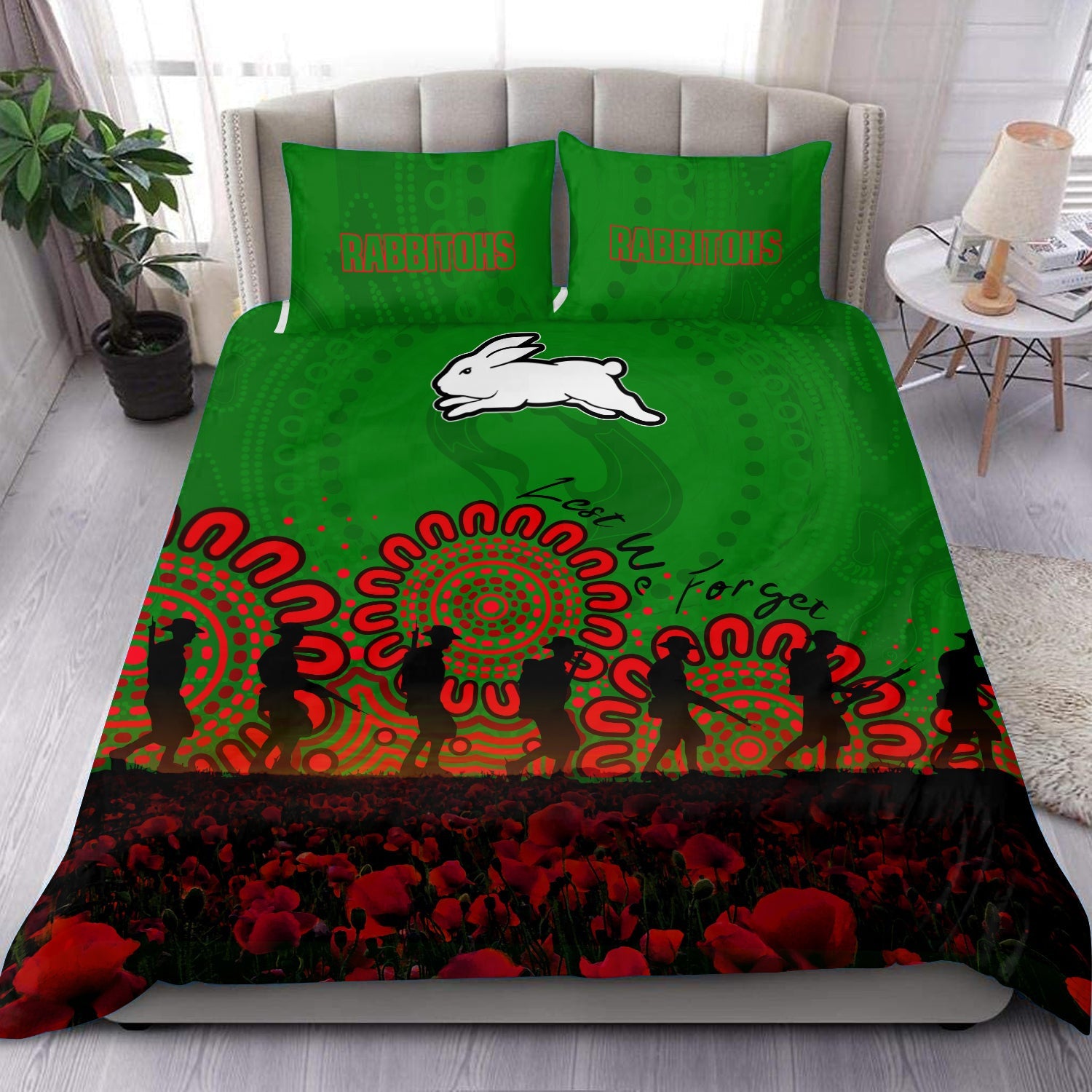 south-sydney-rabbitohs-bedding-set-aboriginal-rugby-anzac-day-poppy-with-soldiers-nrl