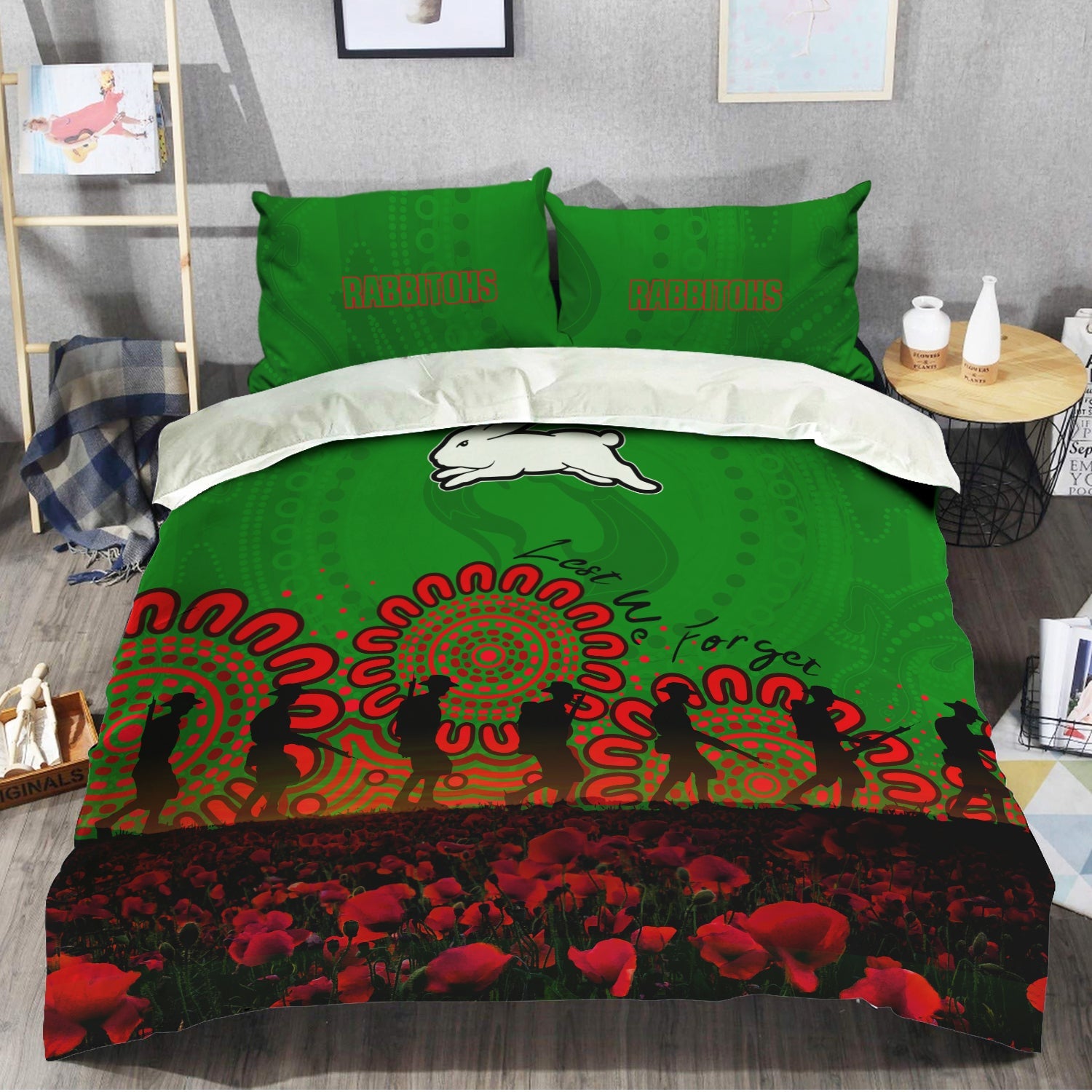 south-sydney-rabbitohs-bedding-set-aboriginal-rugby-anzac-day-poppy-with-soldiers-nrl