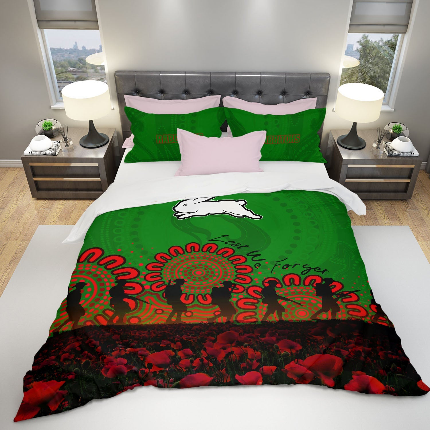 south-sydney-rabbitohs-bedding-set-aboriginal-rugby-anzac-day-poppy-with-soldiers-nrl