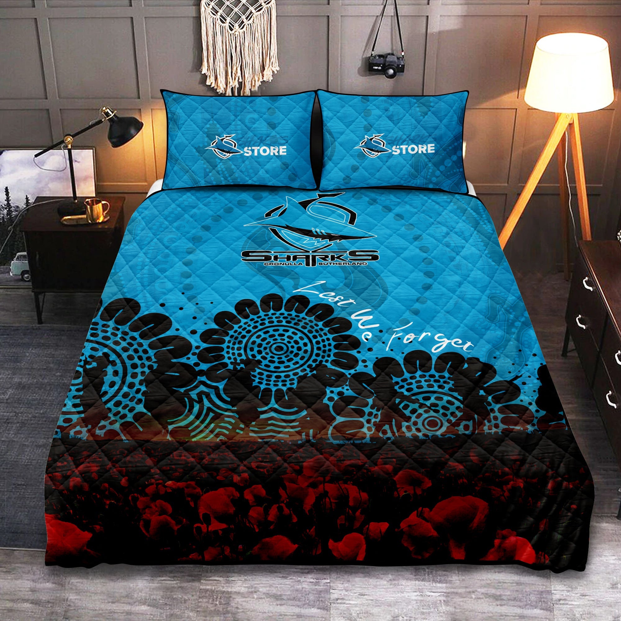 cronulla-sutherland-sharks-quilt-bed-set-aboriginal-rugby-anzac-day-poppy-with-soldiers-nrl