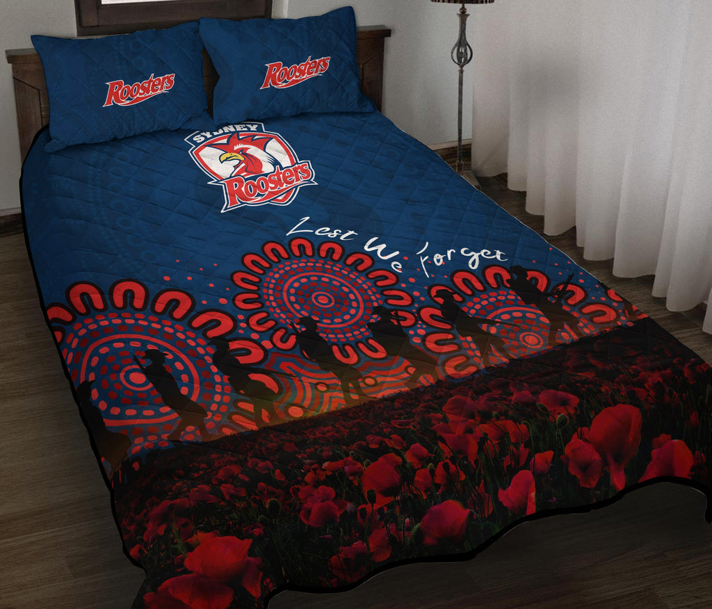 sydney-roosters-quilt-bed-set-aboriginal-rugby-anzac-day-poppy-with-soldiers-nrl