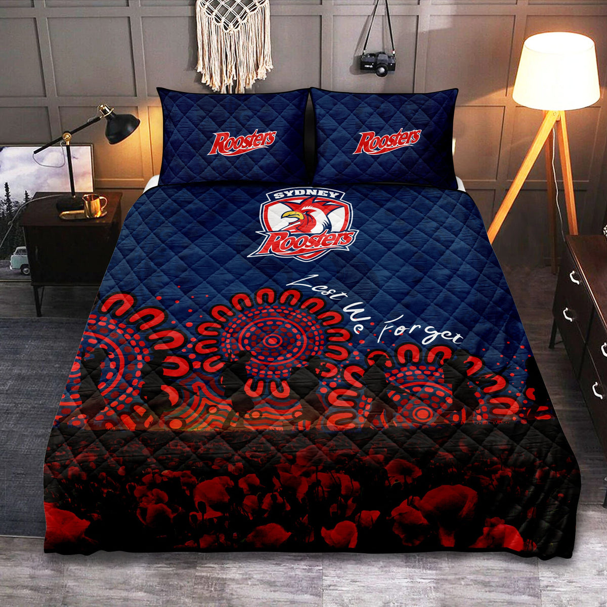 sydney-roosters-quilt-bed-set-aboriginal-rugby-anzac-day-poppy-with-soldiers-nrl