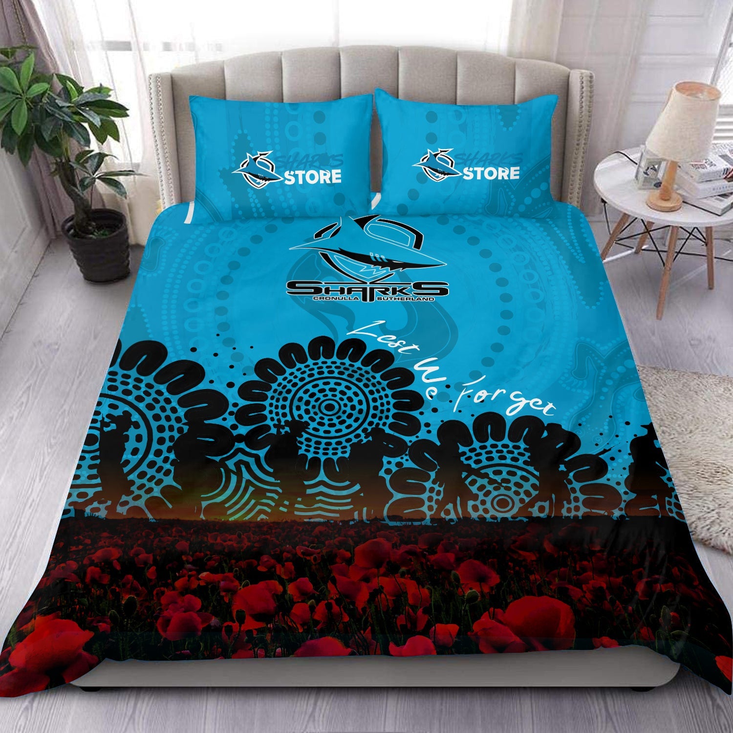 cronulla-sutherland-sharks-bedding-set-aboriginal-rugby-anzac-day-poppy-with-soldiers-nrl