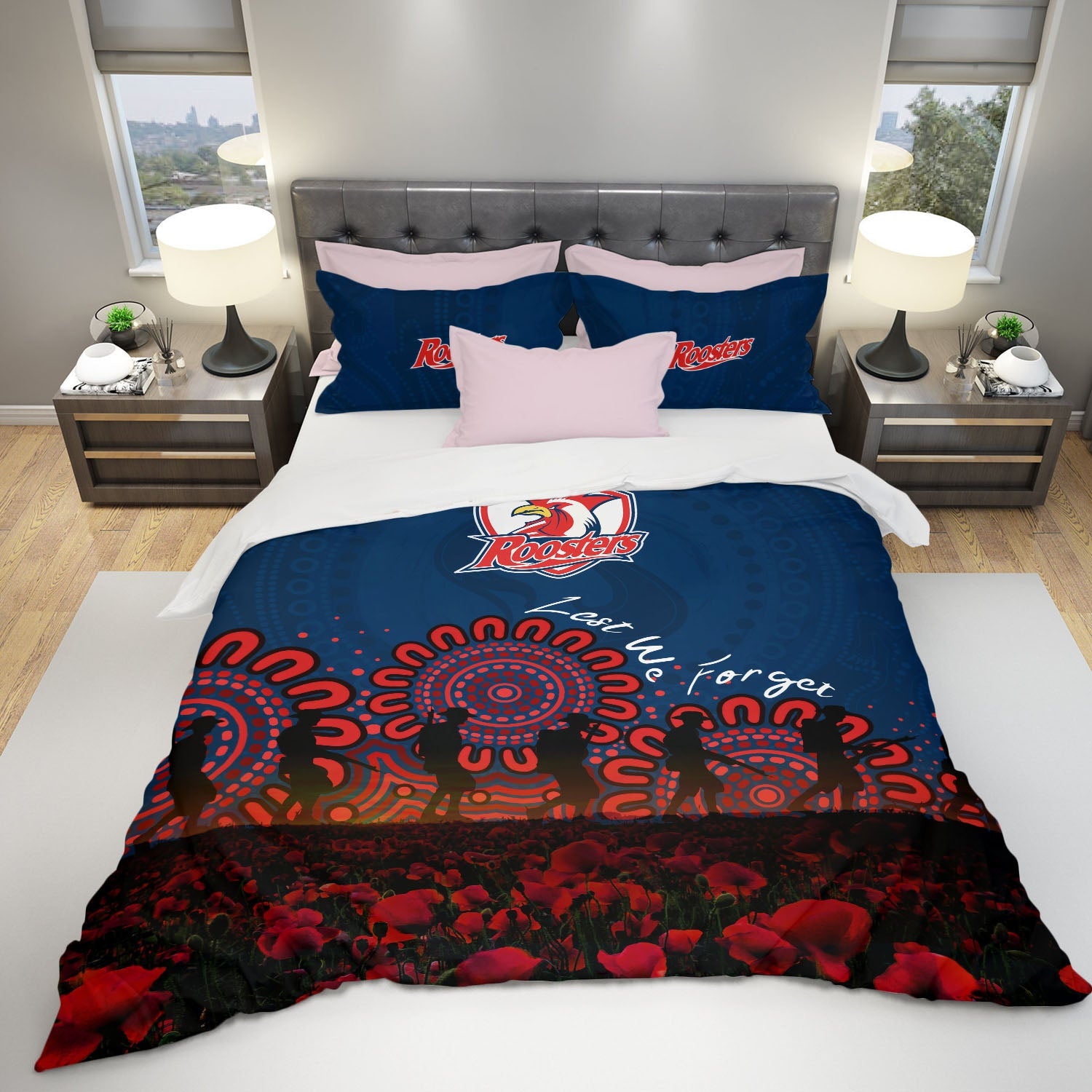 sydney-roosters-bedding-set-aboriginal-rugby-anzac-day-poppy-with-soldiers-nrl