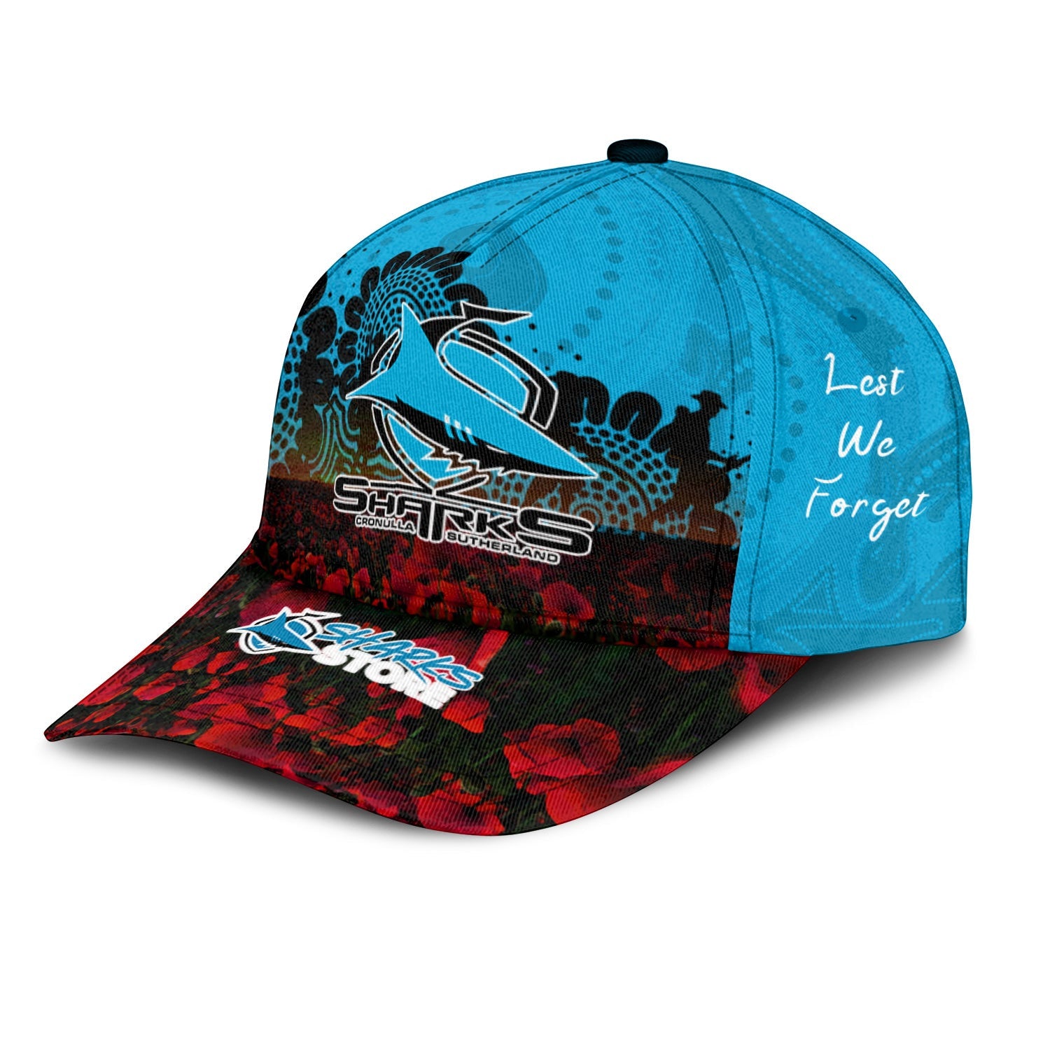 cronulla-sutherland-sharks-cap-aboriginal-rugby-anzac-day-poppy-with-soldiers-nrl