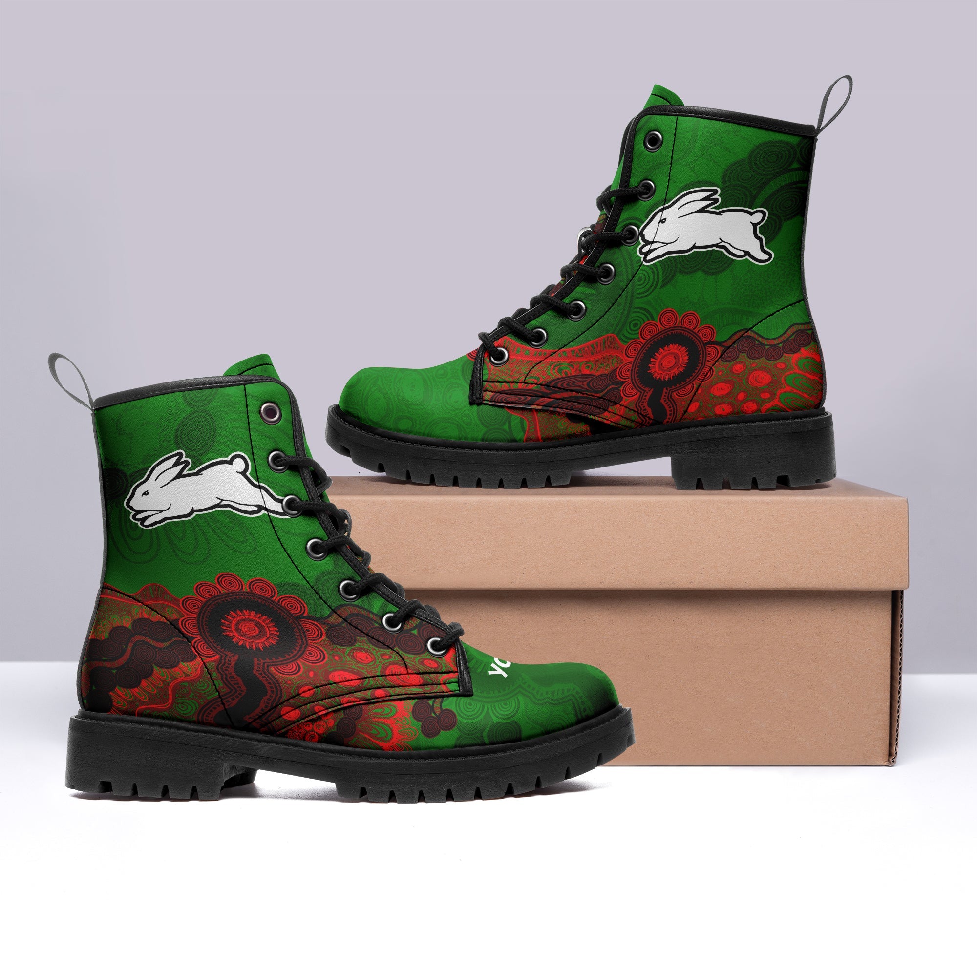 south-sydney-rabbitohs-aboriginal-leather-boots-indigenous-style-nrl