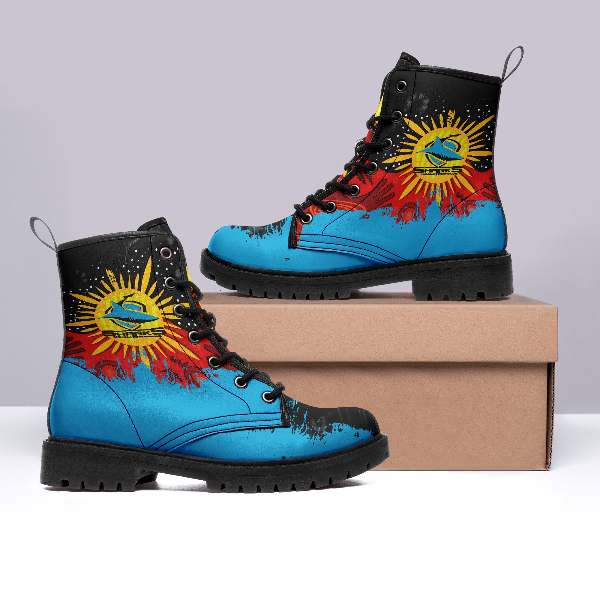 cronulla-sutherland-sharks-leather-boots-australian-aboriginal-flag-sun-painting-art-brush-nrl