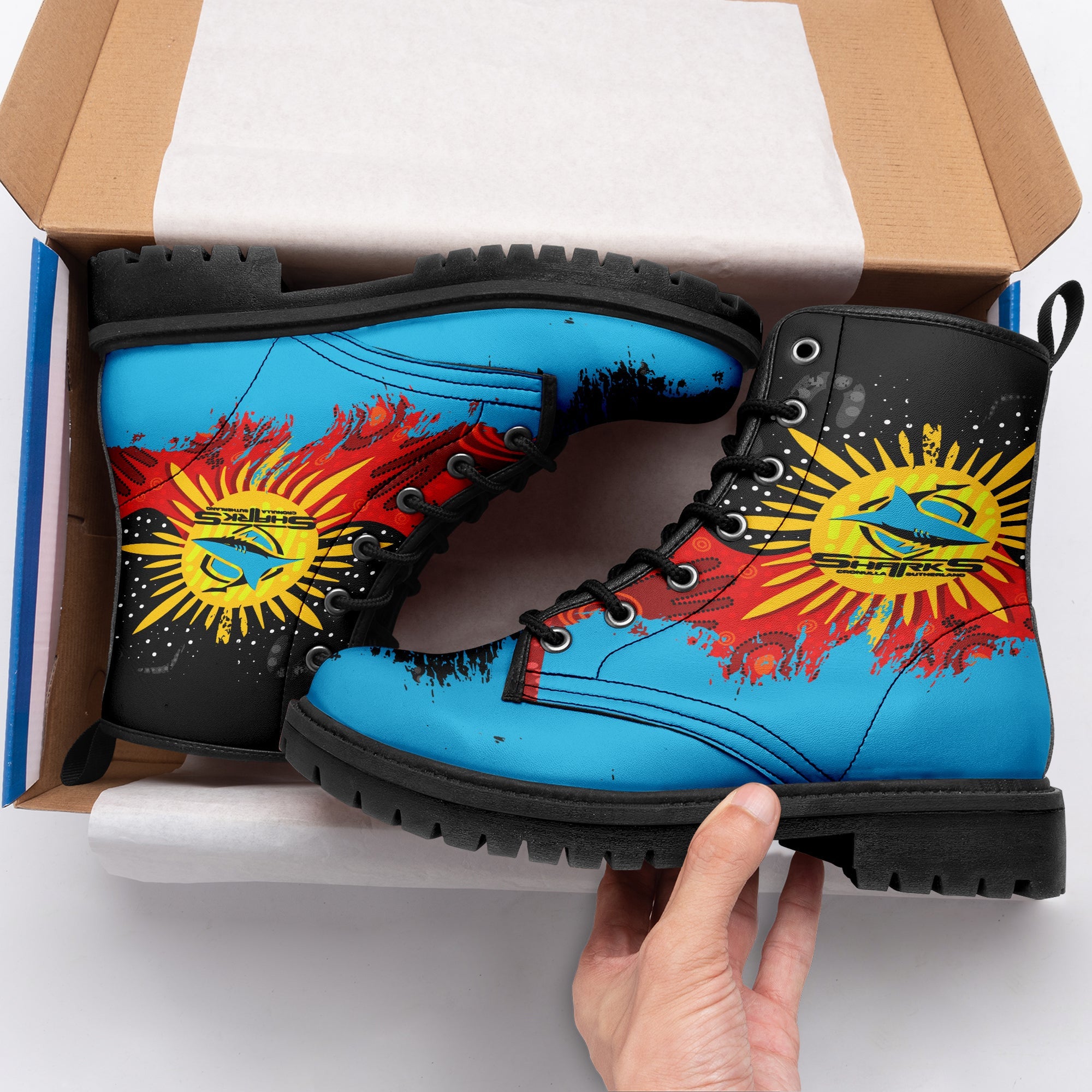 cronulla-sutherland-sharks-leather-boots-australian-aboriginal-flag-sun-painting-art-brush-nrl