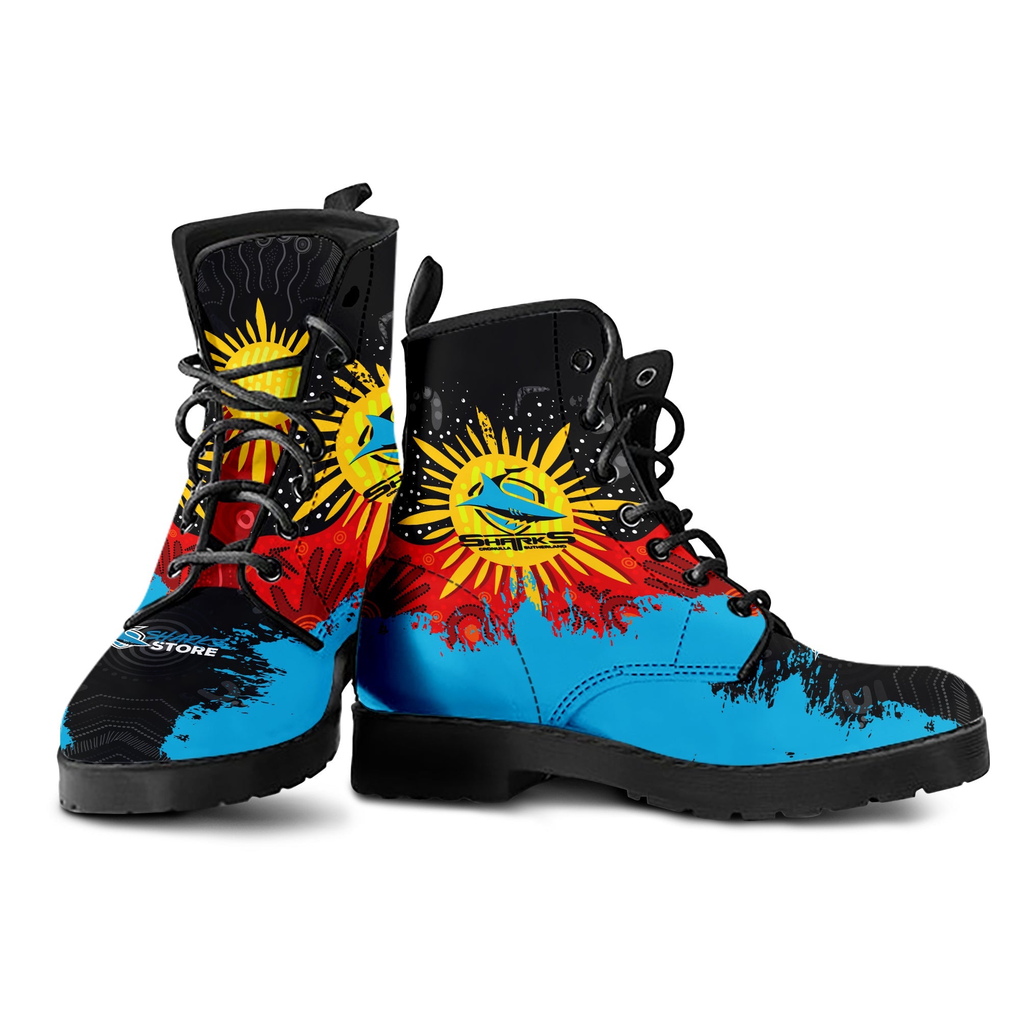 cronulla-sutherland-sharks-leather-boots-australian-aboriginal-flag-sun-painting-art-brush-nrl