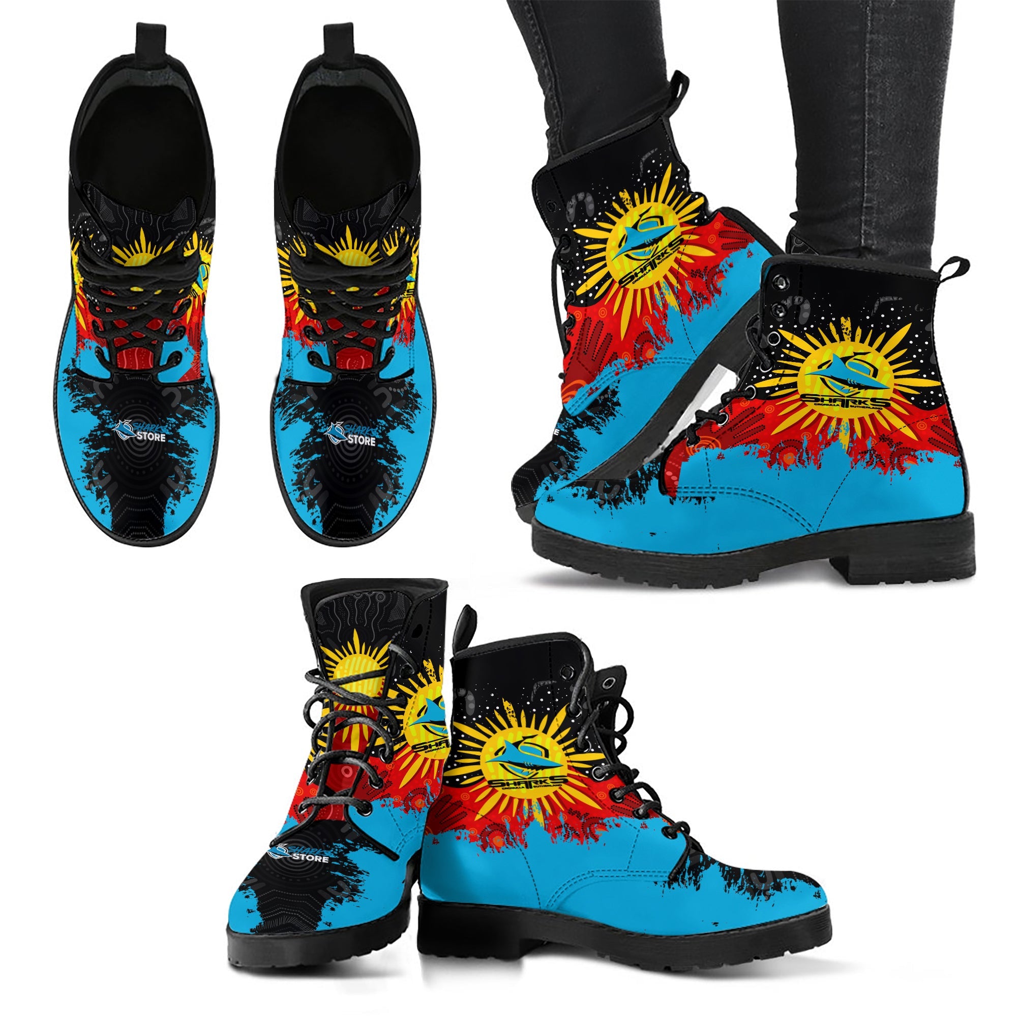 cronulla-sutherland-sharks-leather-boots-australian-aboriginal-flag-sun-painting-art-brush-nrl