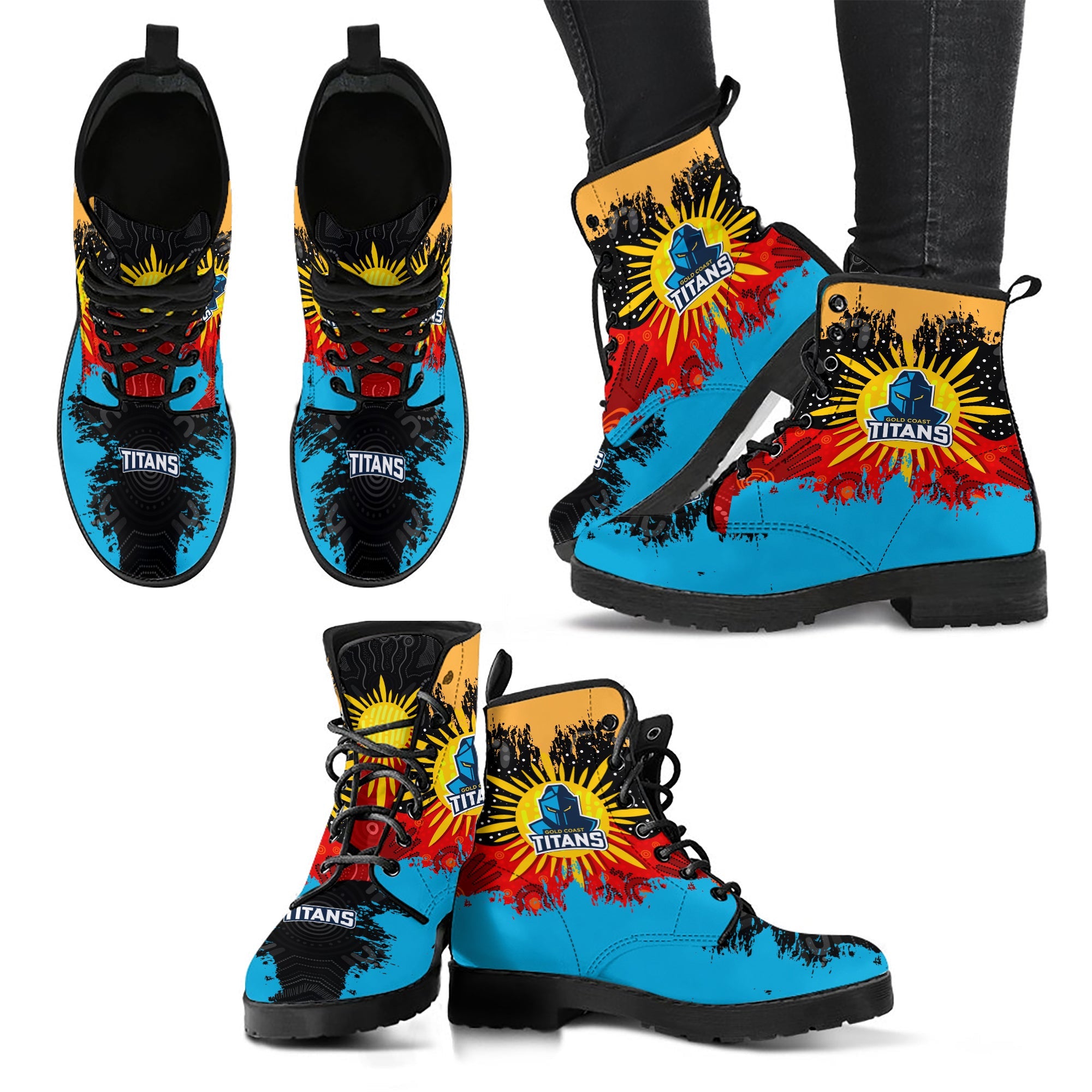 gold-coast-titans-leather-boots-australian-aboriginal-flag-sun-painting-art-brush-nrl
