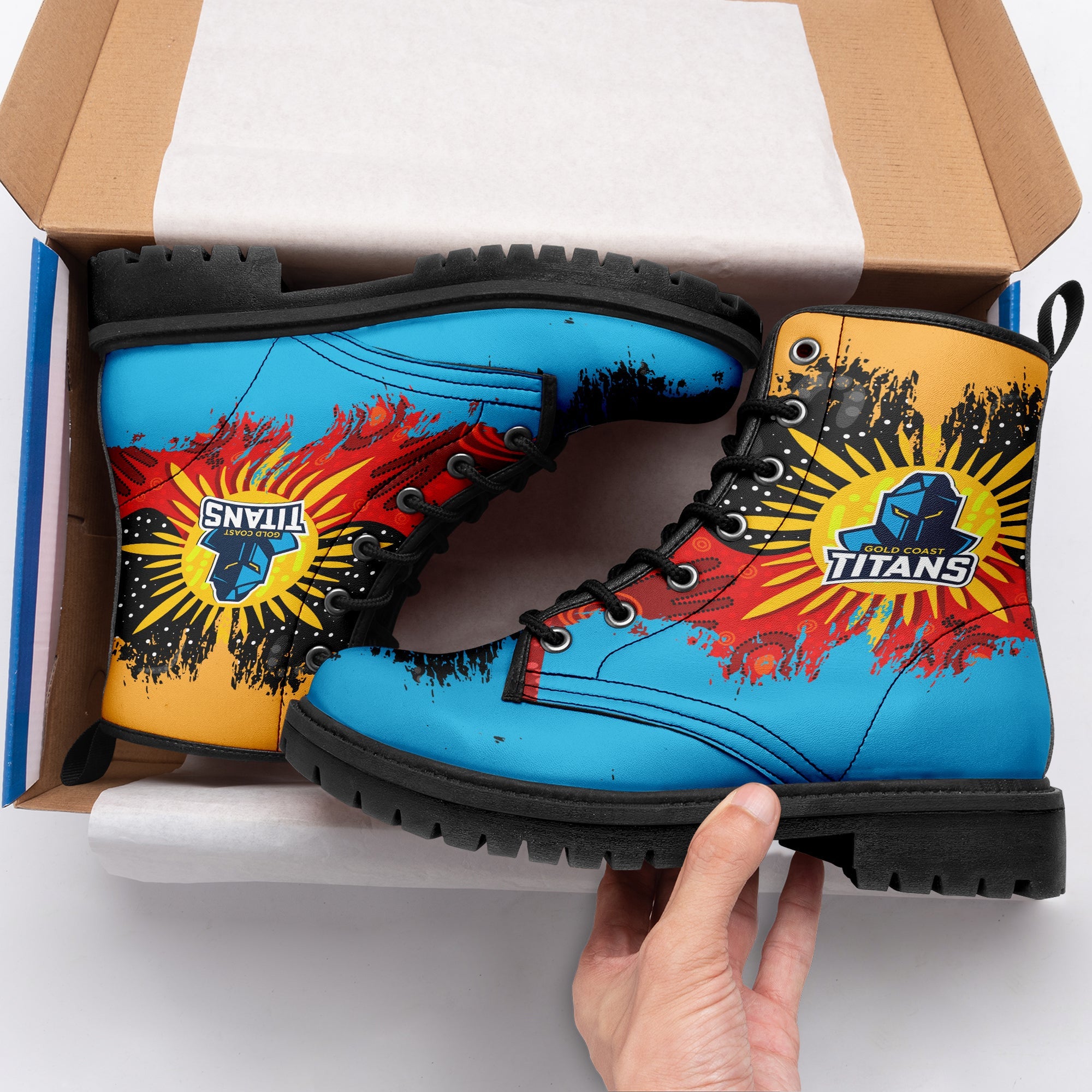 gold-coast-titans-leather-boots-australian-aboriginal-flag-sun-painting-art-brush-nrl