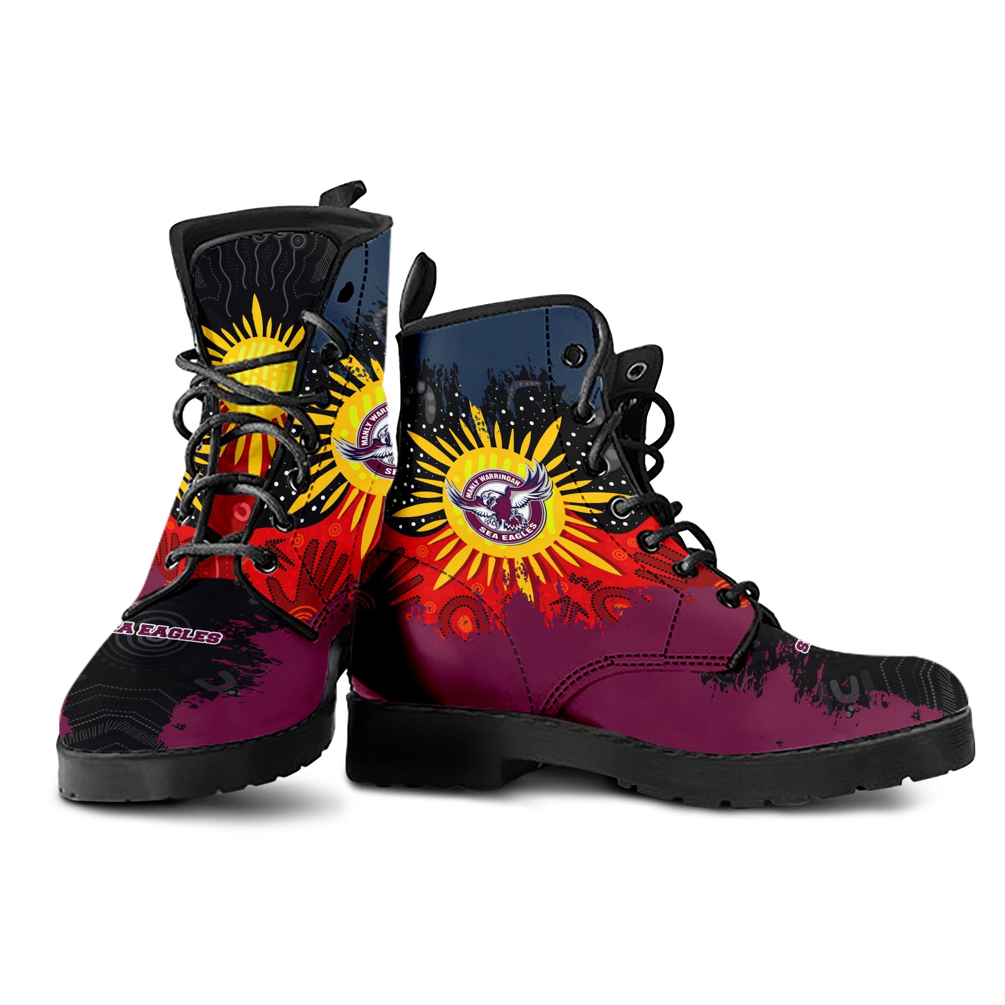 manly-warringah-sea-eagles-leather-boots-australian-aboriginal-flag-sun-painting-art-brush-nrl