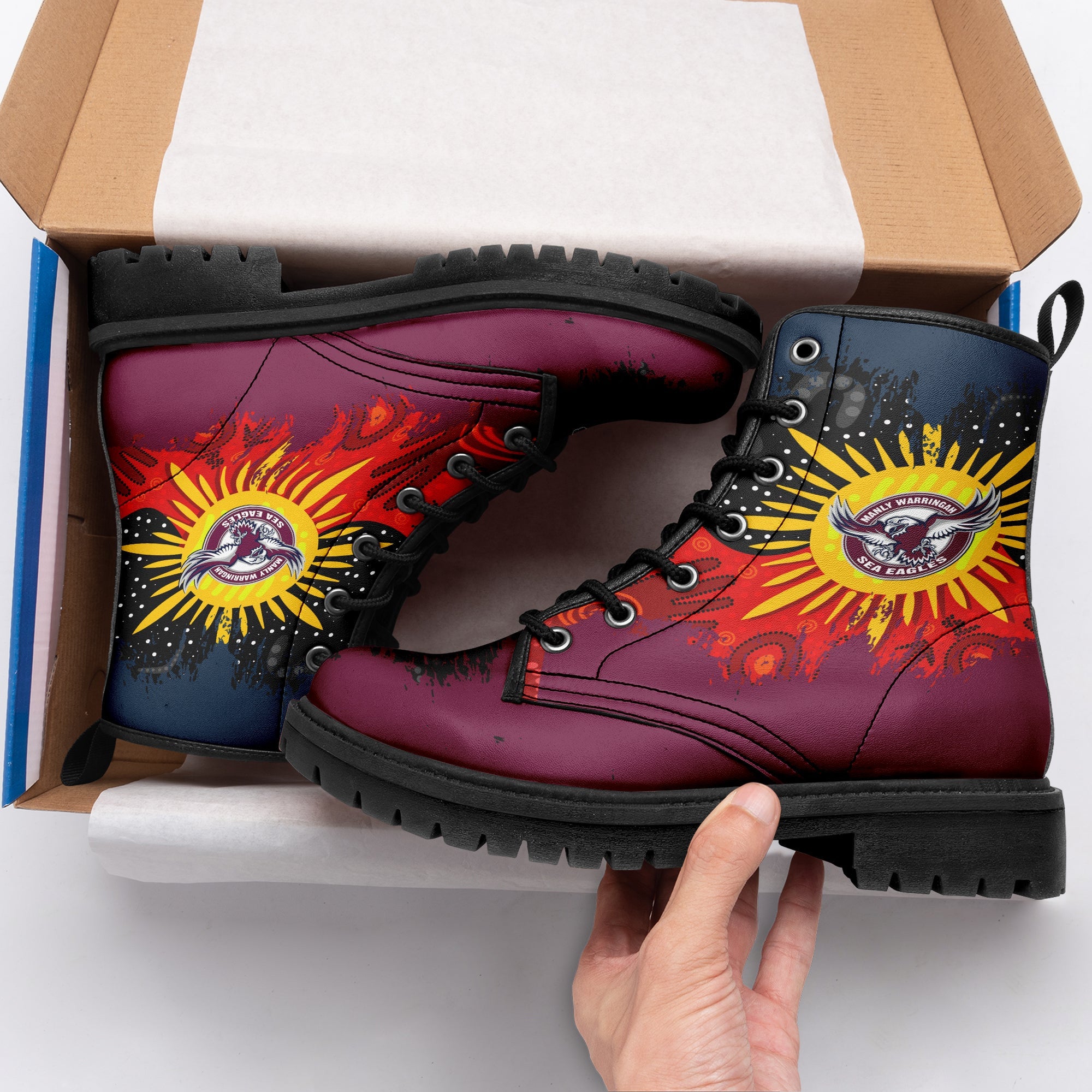 manly-warringah-sea-eagles-leather-boots-australian-aboriginal-flag-sun-painting-art-brush-nrl