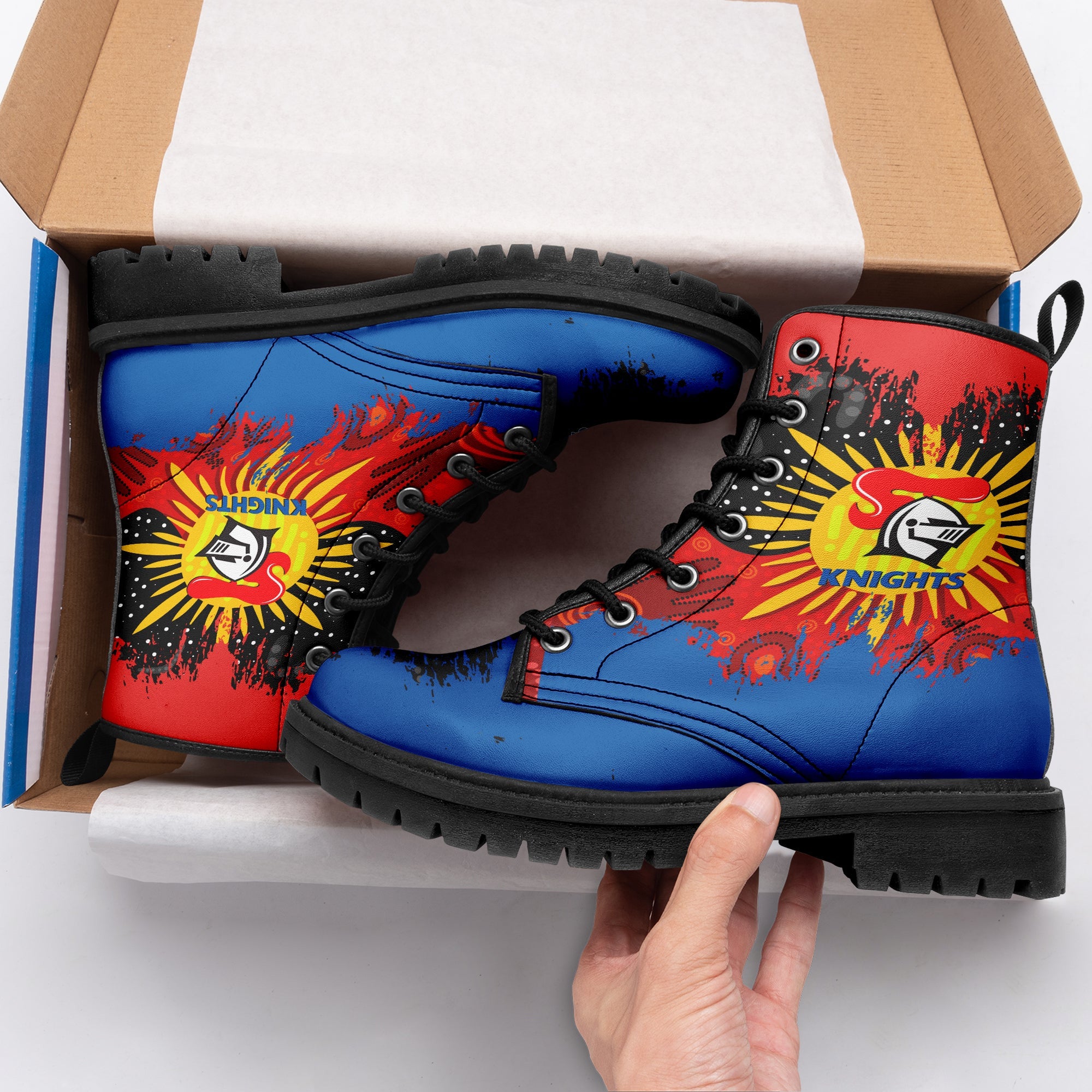 newcastle-knights-leather-boots-australian-aboriginal-flag-sun-painting-art-brush-nrl