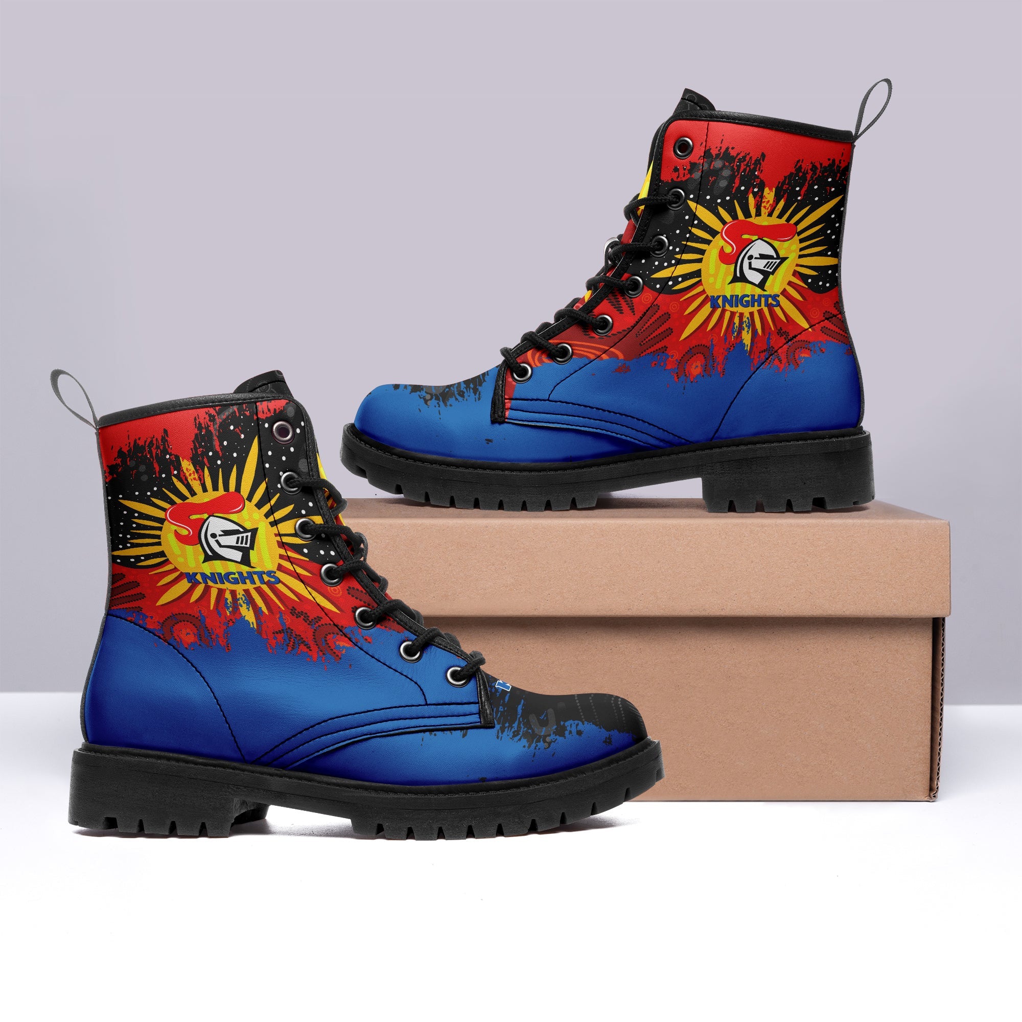 newcastle-knights-leather-boots-australian-aboriginal-flag-sun-painting-art-brush-nrl