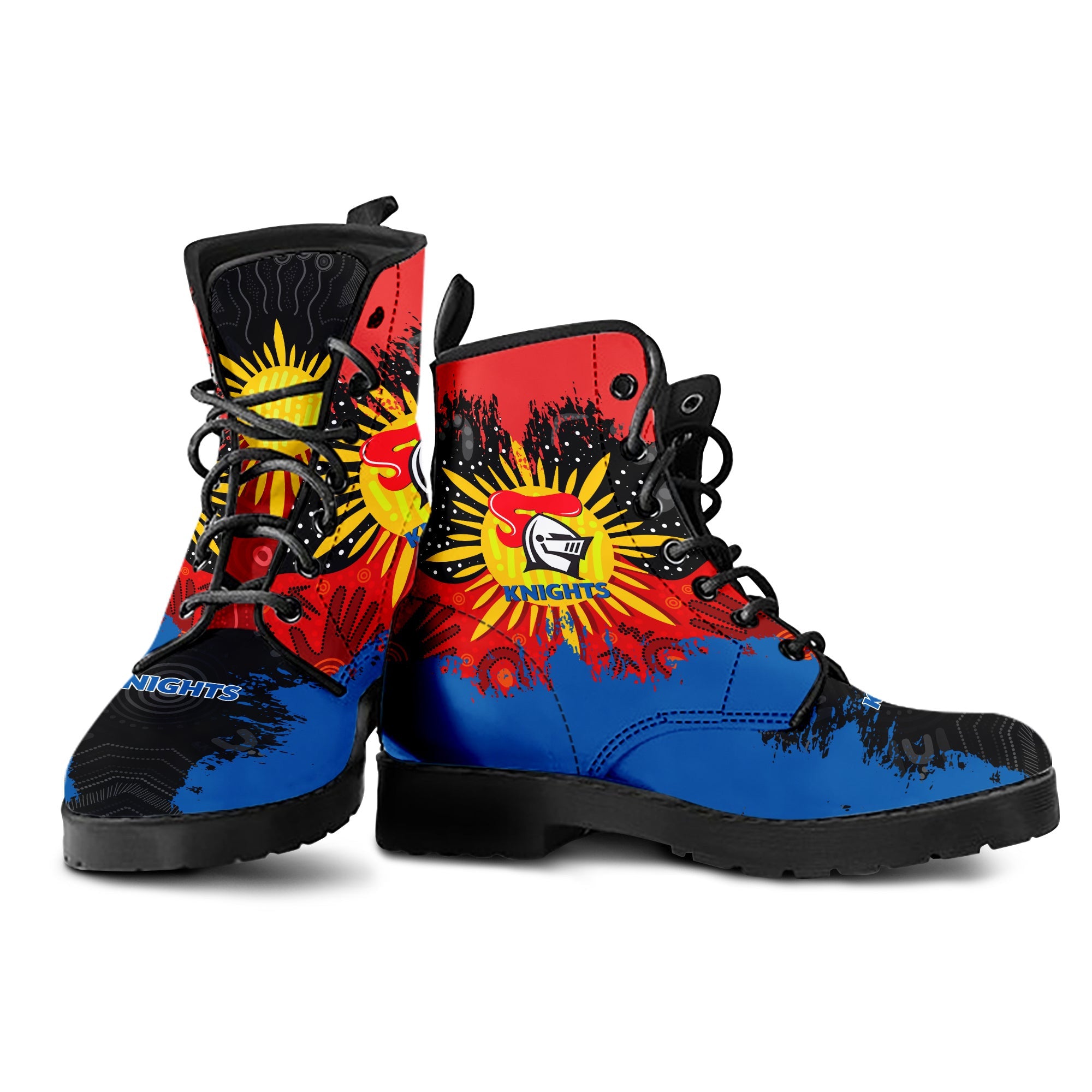 newcastle-knights-leather-boots-australian-aboriginal-flag-sun-painting-art-brush-nrl
