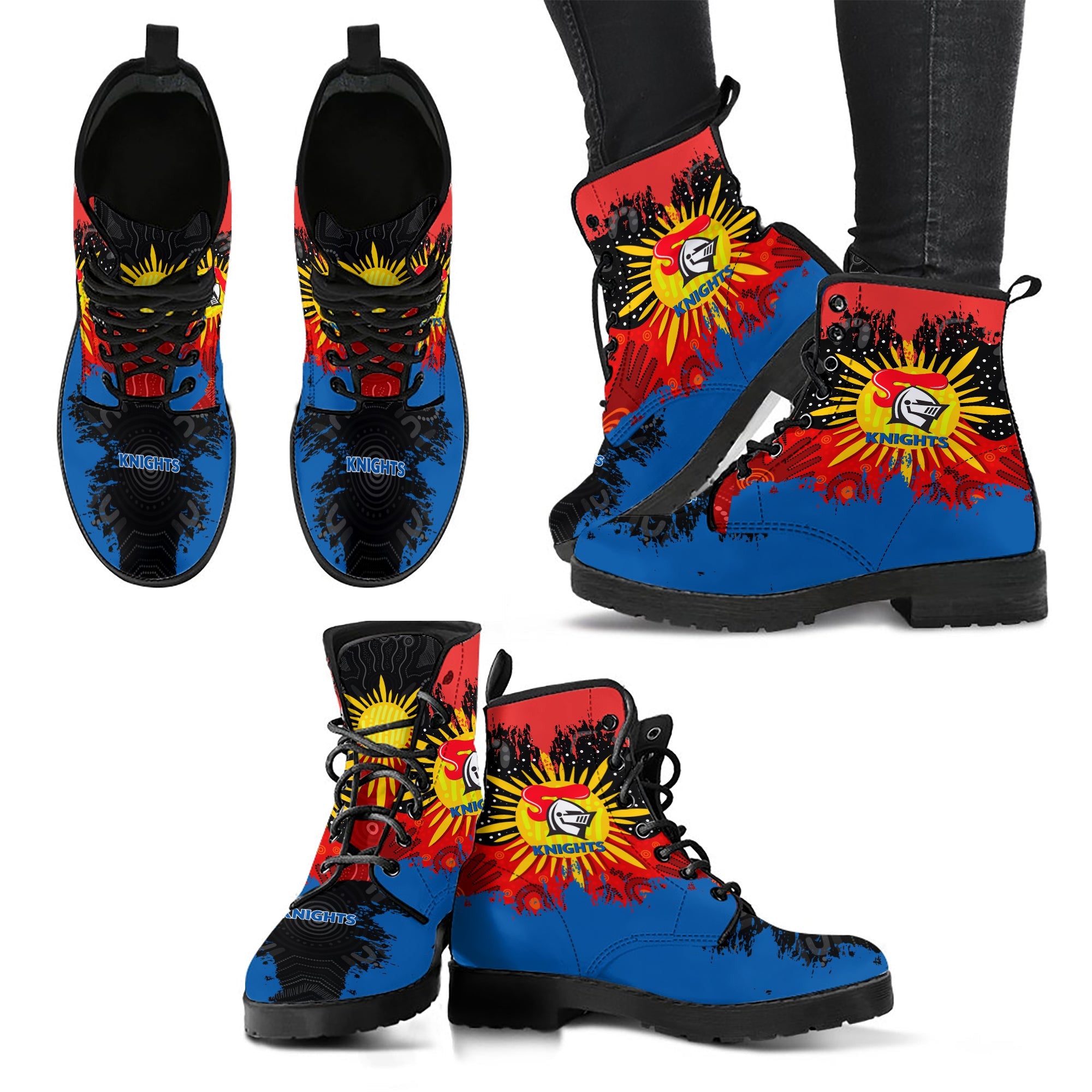 newcastle-knights-leather-boots-australian-aboriginal-flag-sun-painting-art-brush-nrl