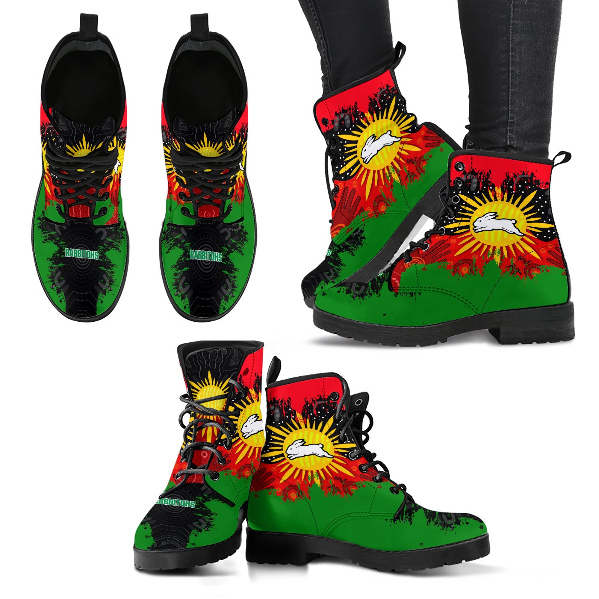 south-sydney-rabbitohs-leather-boots-australian-aboriginal-flag-sun-painting-art-brush-nrl