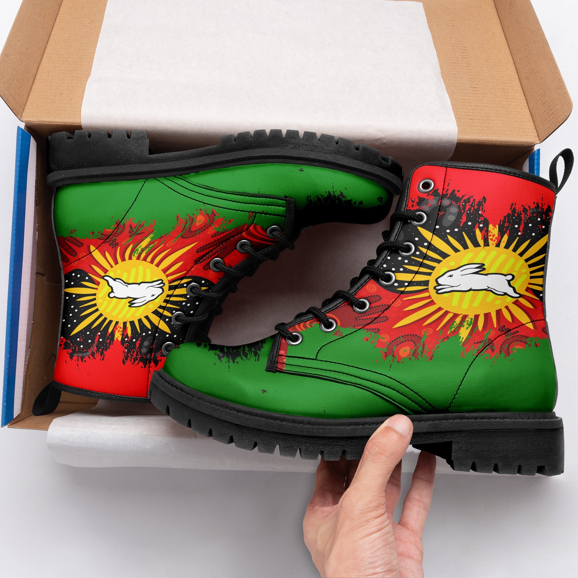 south-sydney-rabbitohs-leather-boots-australian-aboriginal-flag-sun-painting-art-brush-nrl