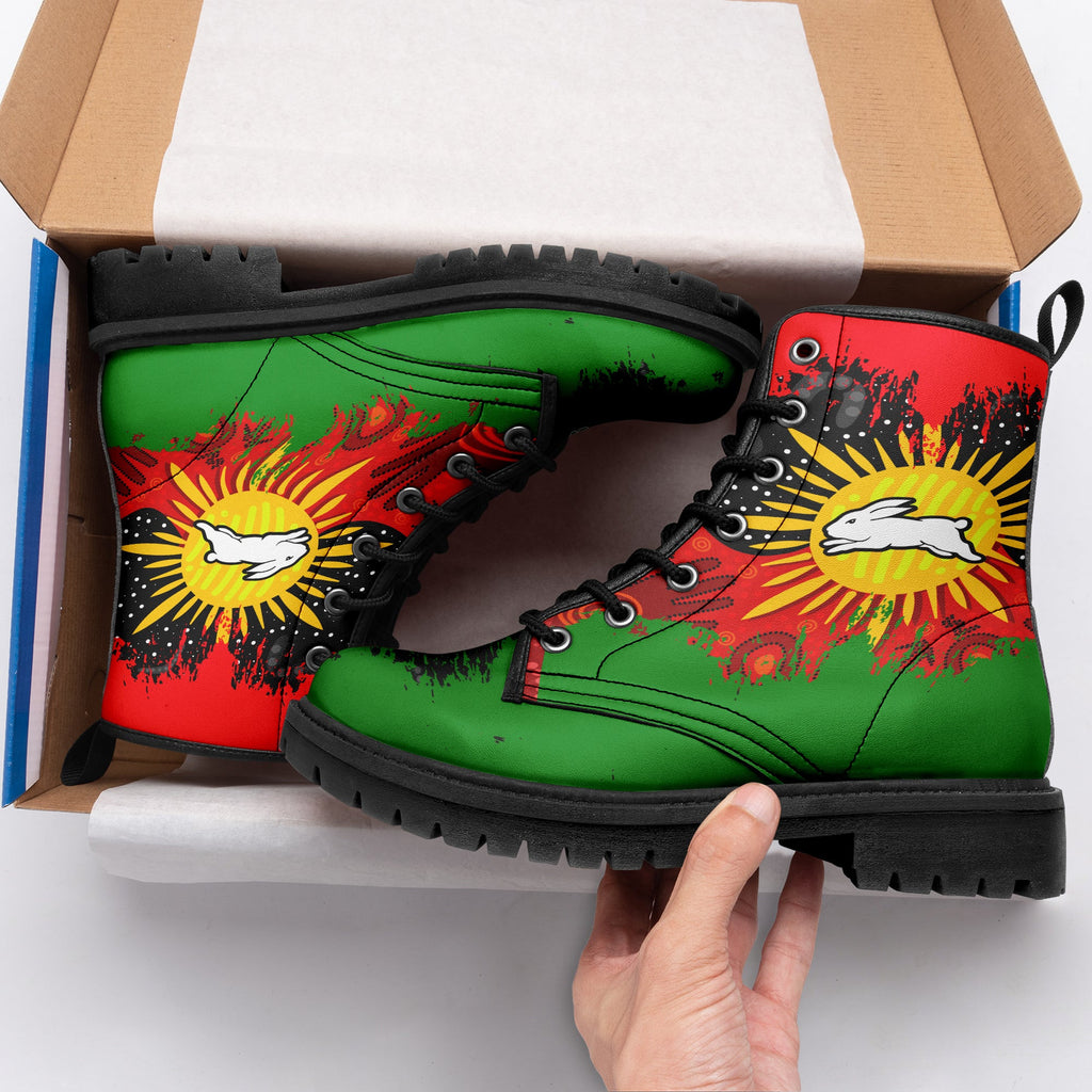 south-sydney-rabbitohs-leather-boots-australian-aboriginal-flag-sun-painting-art-brush-nrl