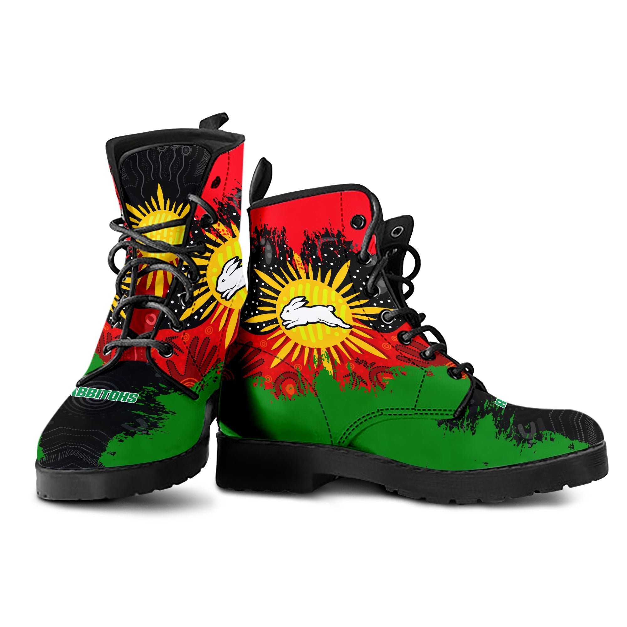 south-sydney-rabbitohs-leather-boots-australian-aboriginal-flag-sun-painting-art-brush-nrl