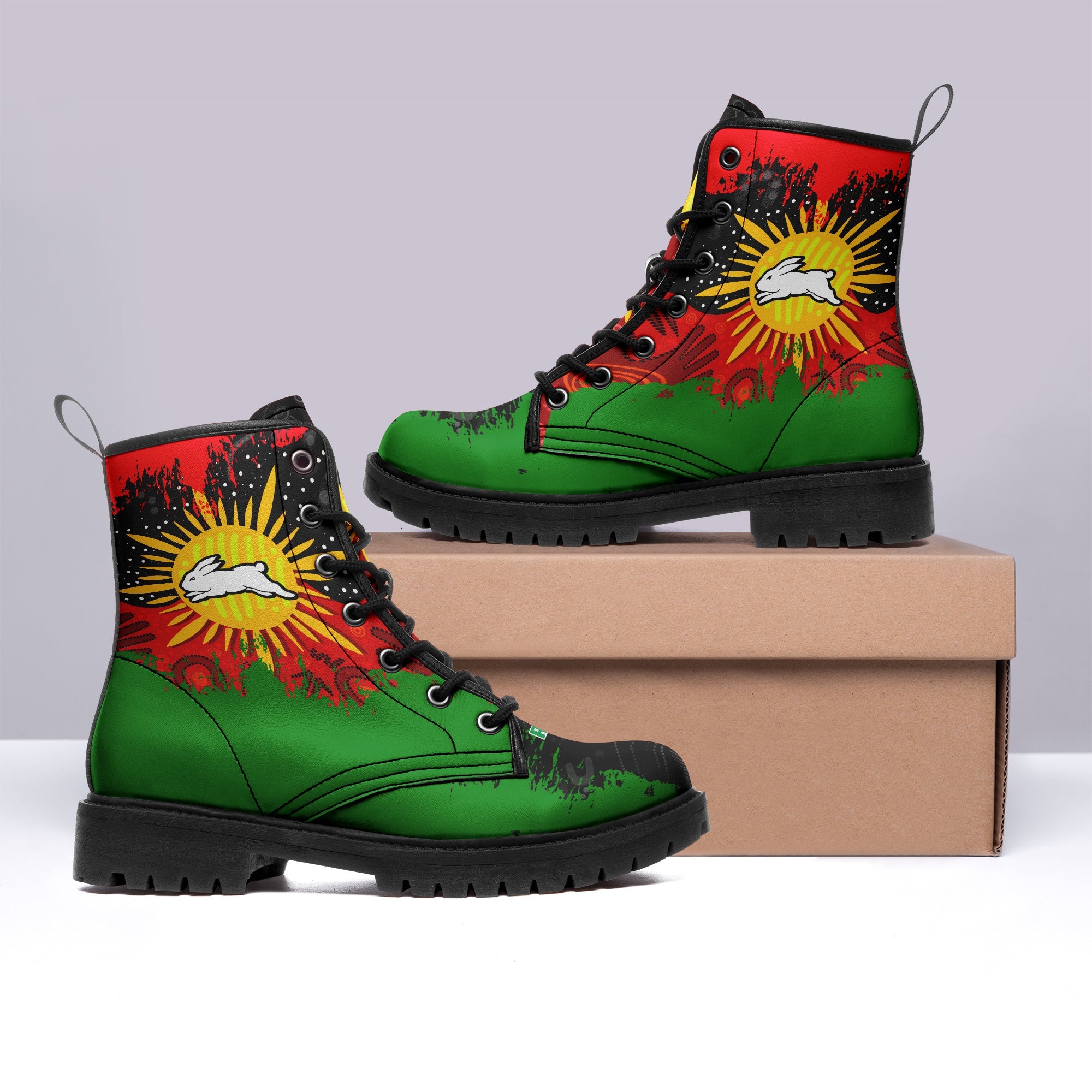 south-sydney-rabbitohs-leather-boots-australian-aboriginal-flag-sun-painting-art-brush-nrl