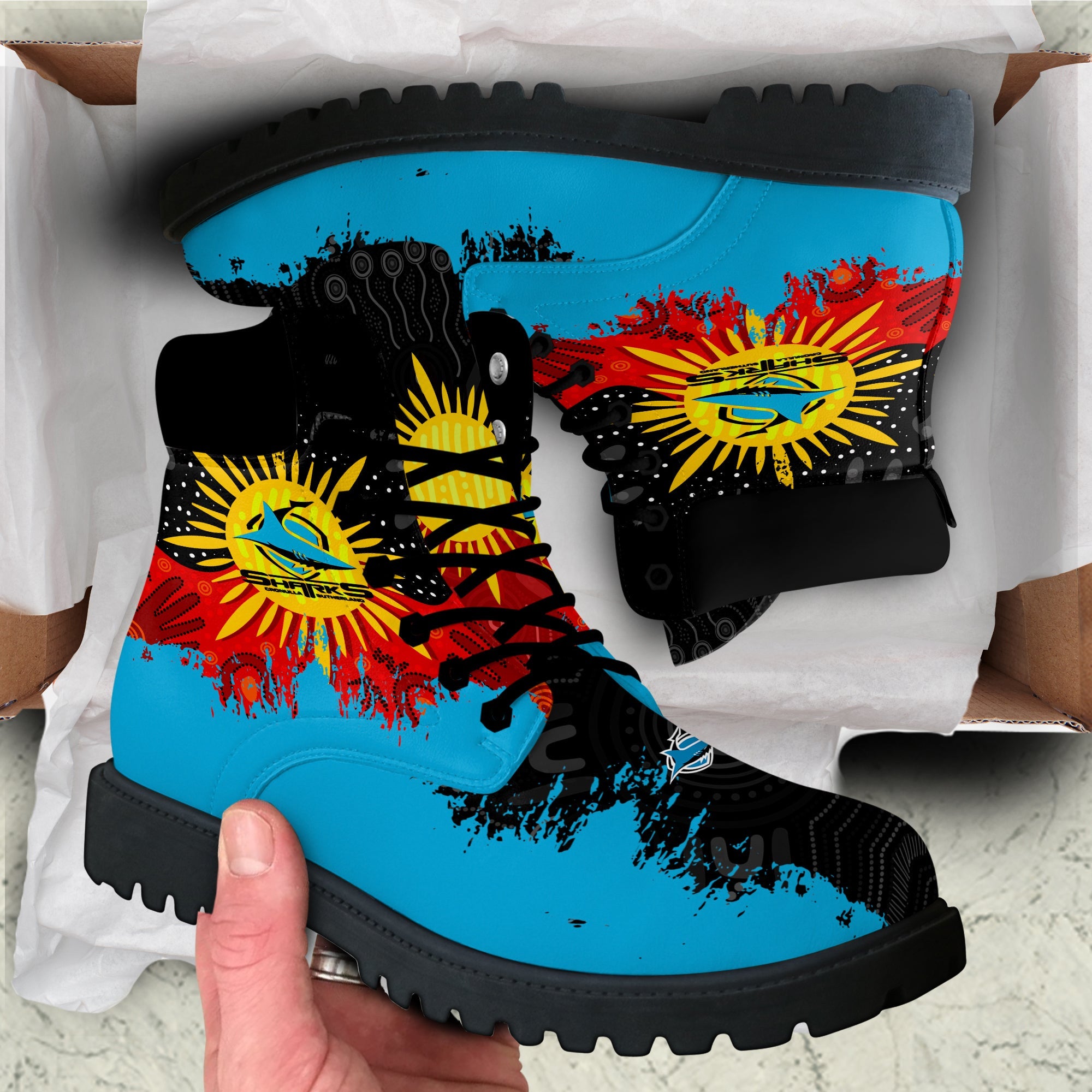 cronulla-sutherland-sharks-all-season-boots-australian-aboriginal-flag-sun-painting-art-brush-nrl