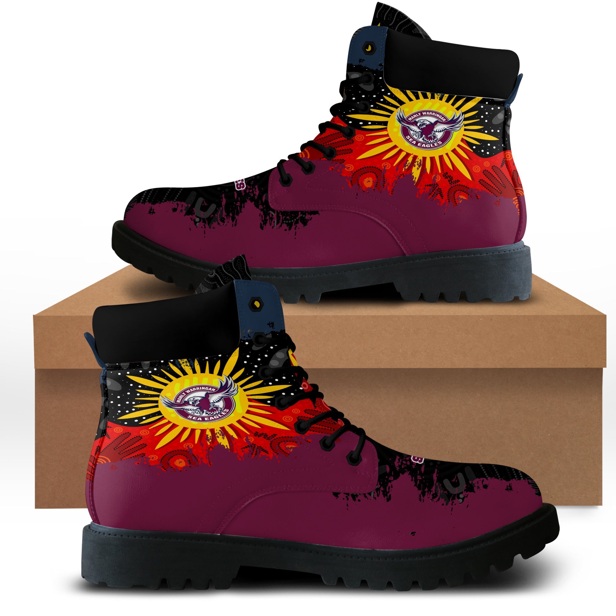 manly-warringah-sea-eagles-all-season-boots-australian-aboriginal-flag-sun-painting-art-brush-nrl