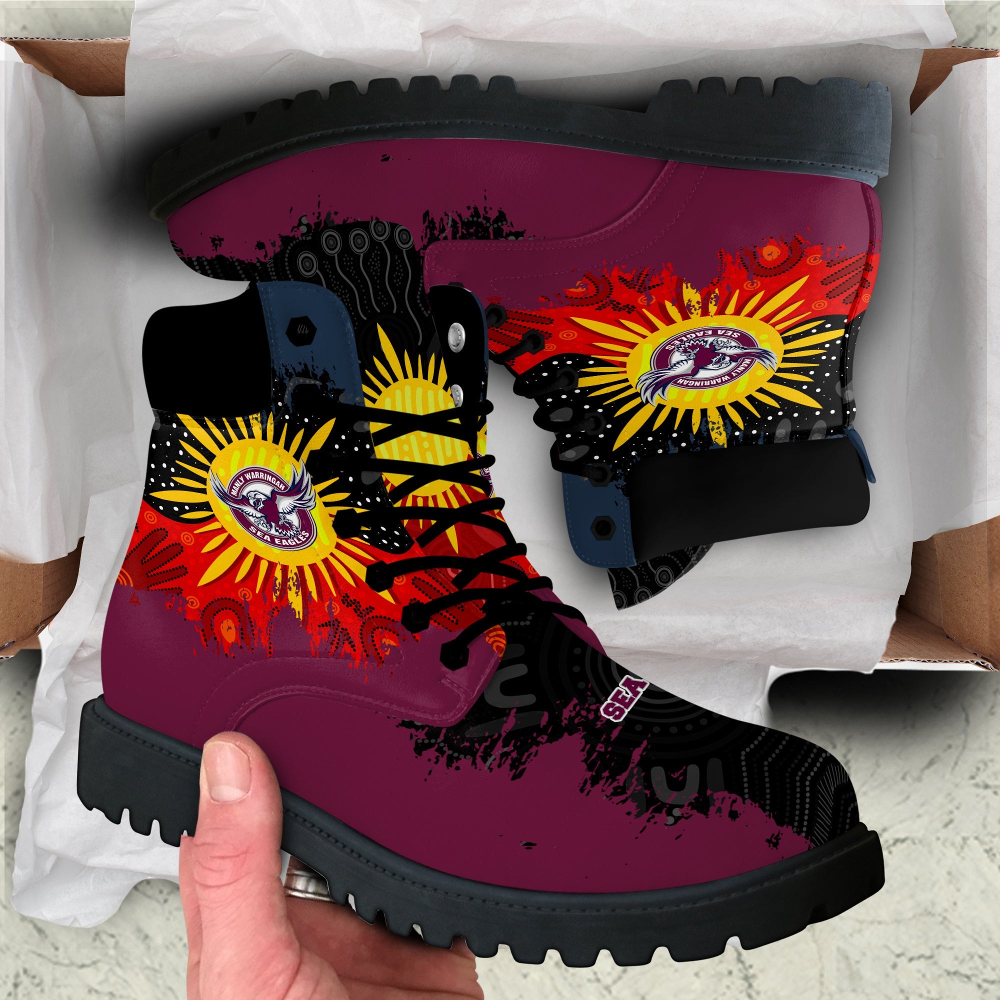 manly-warringah-sea-eagles-all-season-boots-australian-aboriginal-flag-sun-painting-art-brush-nrl