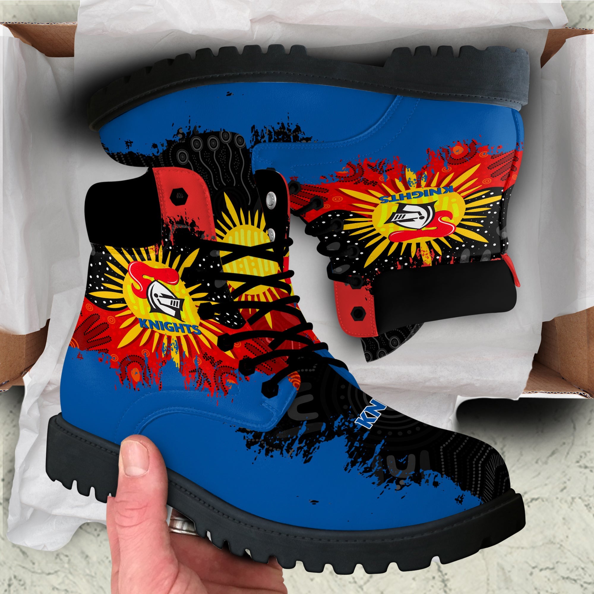 newcastle-knights-all-season-boots-australian-aboriginal-flag-sun-painting-art-brush-nrl