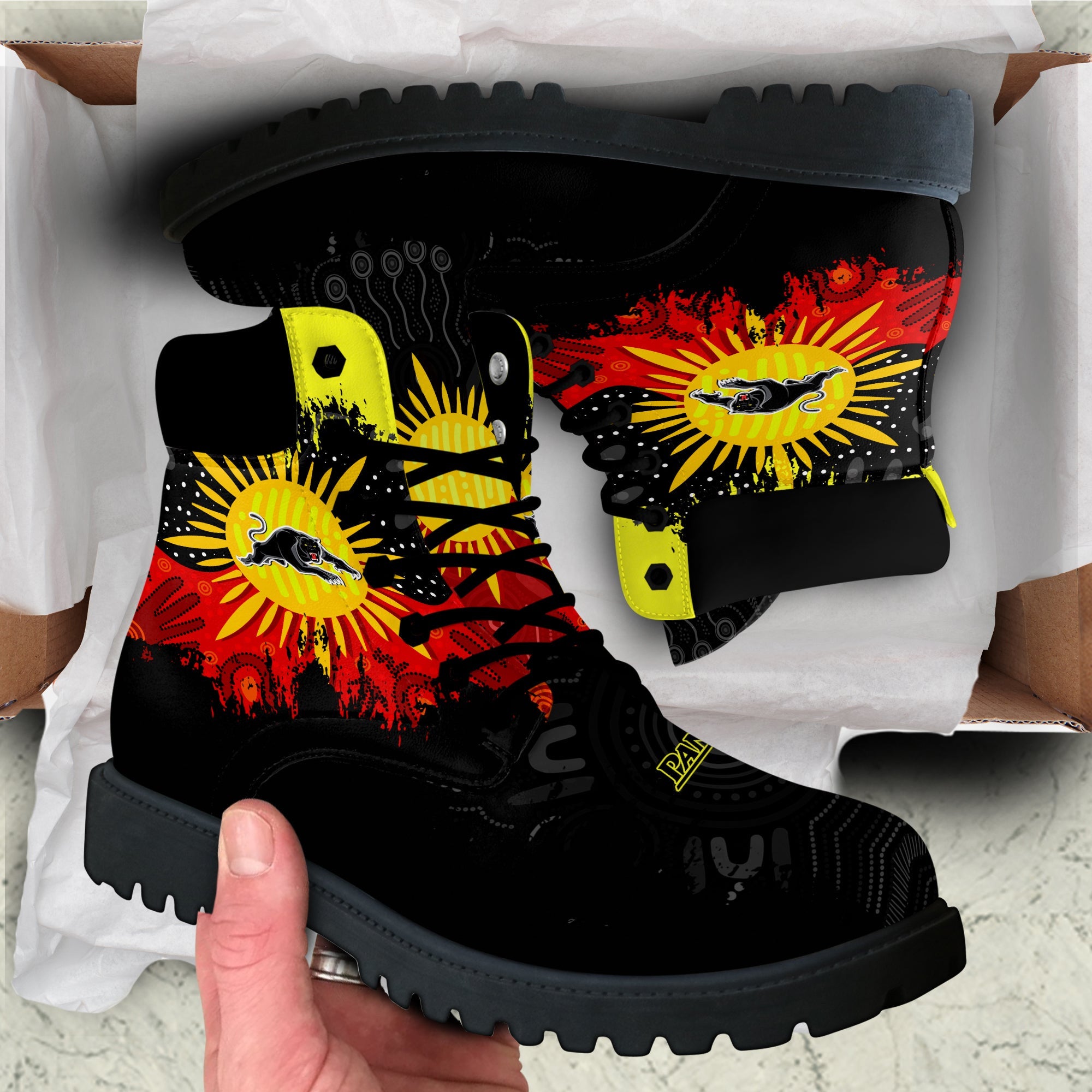 penrith-panthers-all-season-boots-australian-aboriginal-flag-sun-painting-art-brush-nrl