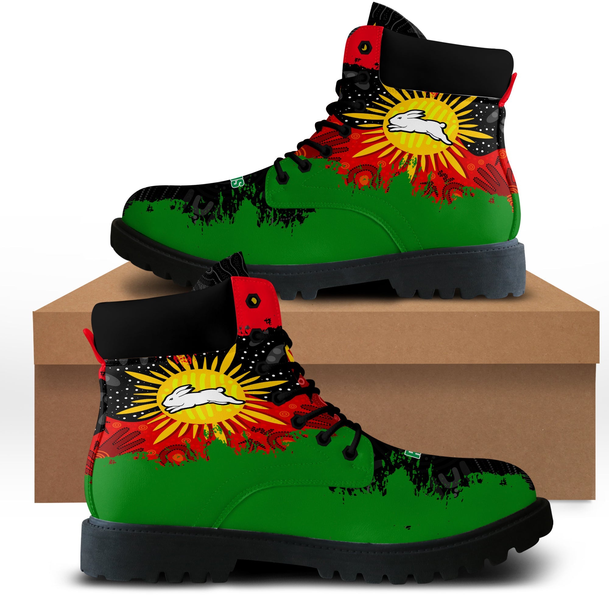 south-sydney-rabbitohs-all-season-boots-australian-aboriginal-flag-sun-painting-art-brush-nrl