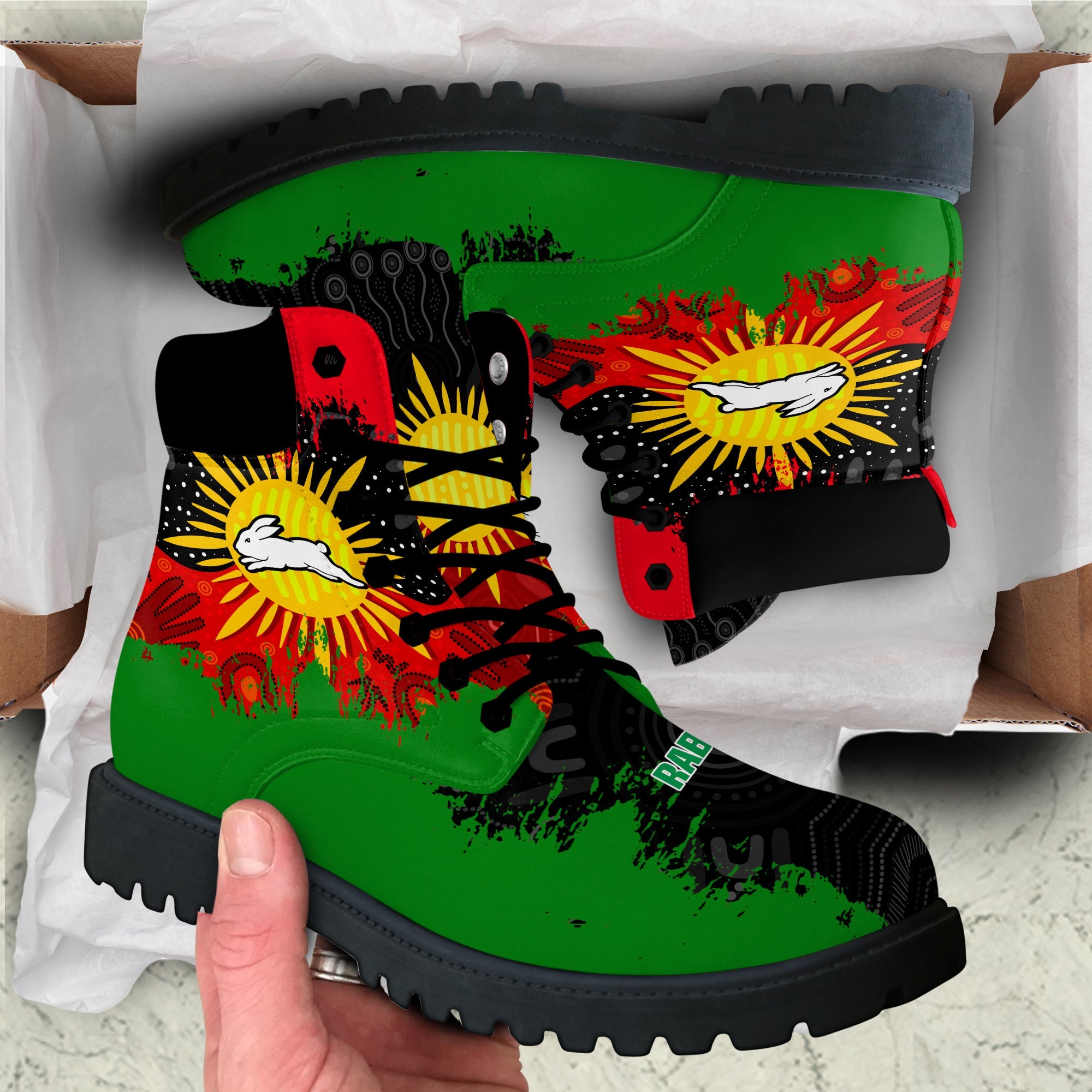 south-sydney-rabbitohs-all-season-boots-australian-aboriginal-flag-sun-painting-art-brush-nrl