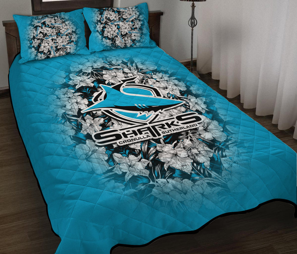 cronulla-sutherland-sharks-quilt-bed-set-polynesian-hibiscus-tropical-vintage-nrl