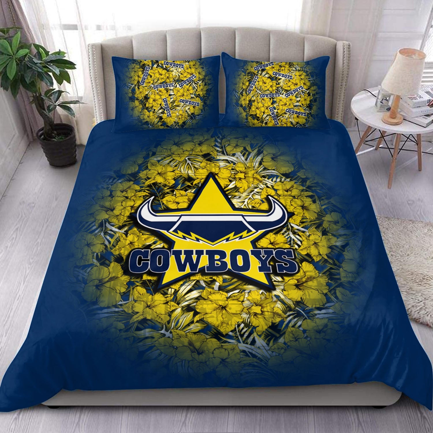 north-queensland-cowboys-bedding-set-polynesian-hibiscus-tropical-vintage-nrl