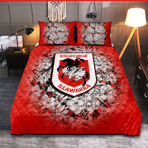 st-george-illawarra-dragons-quilt-bed-set-polynesian-hibiscus-tropical-vintage-nrl