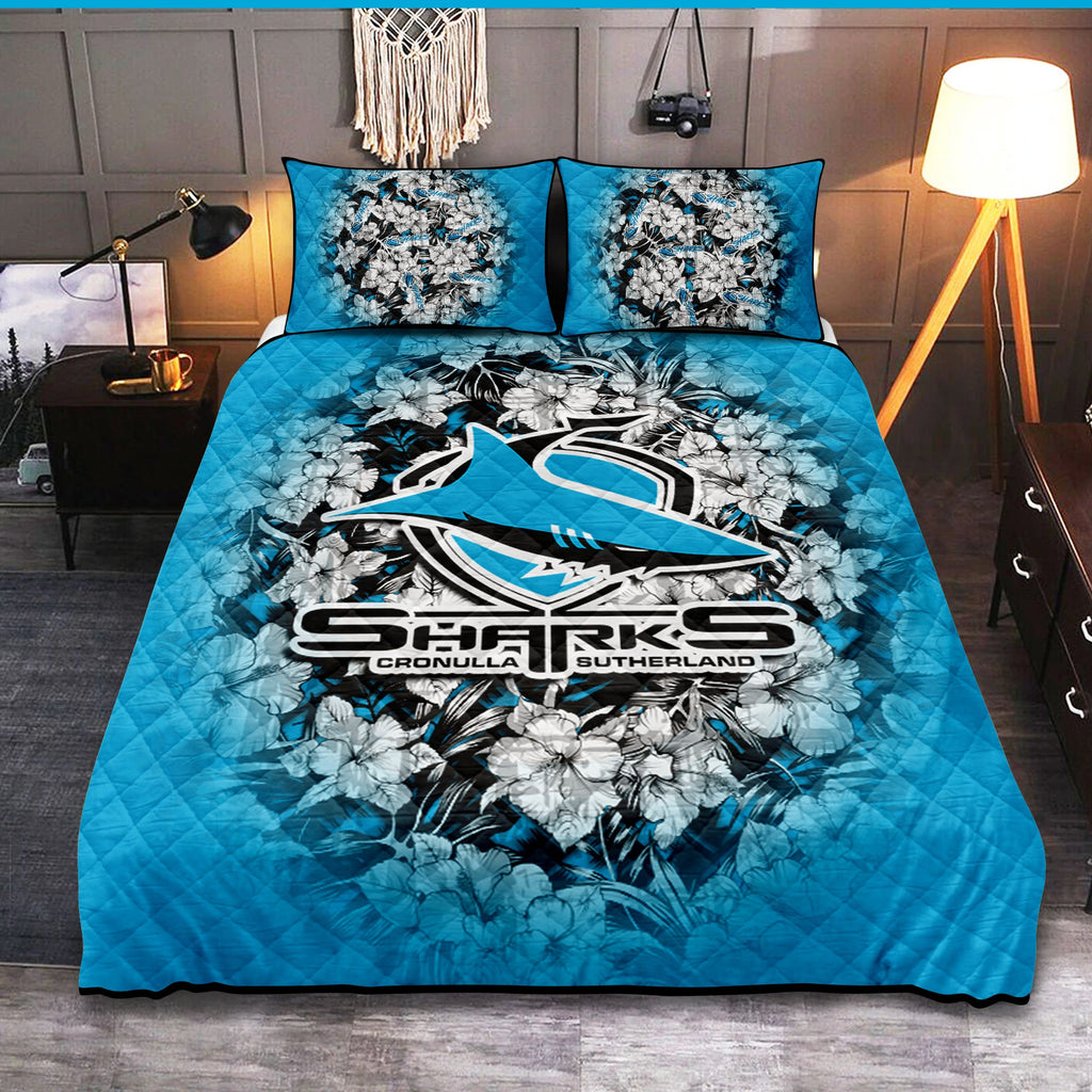 cronulla-sutherland-sharks-quilt-bed-set-polynesian-hibiscus-tropical-vintage-nrl