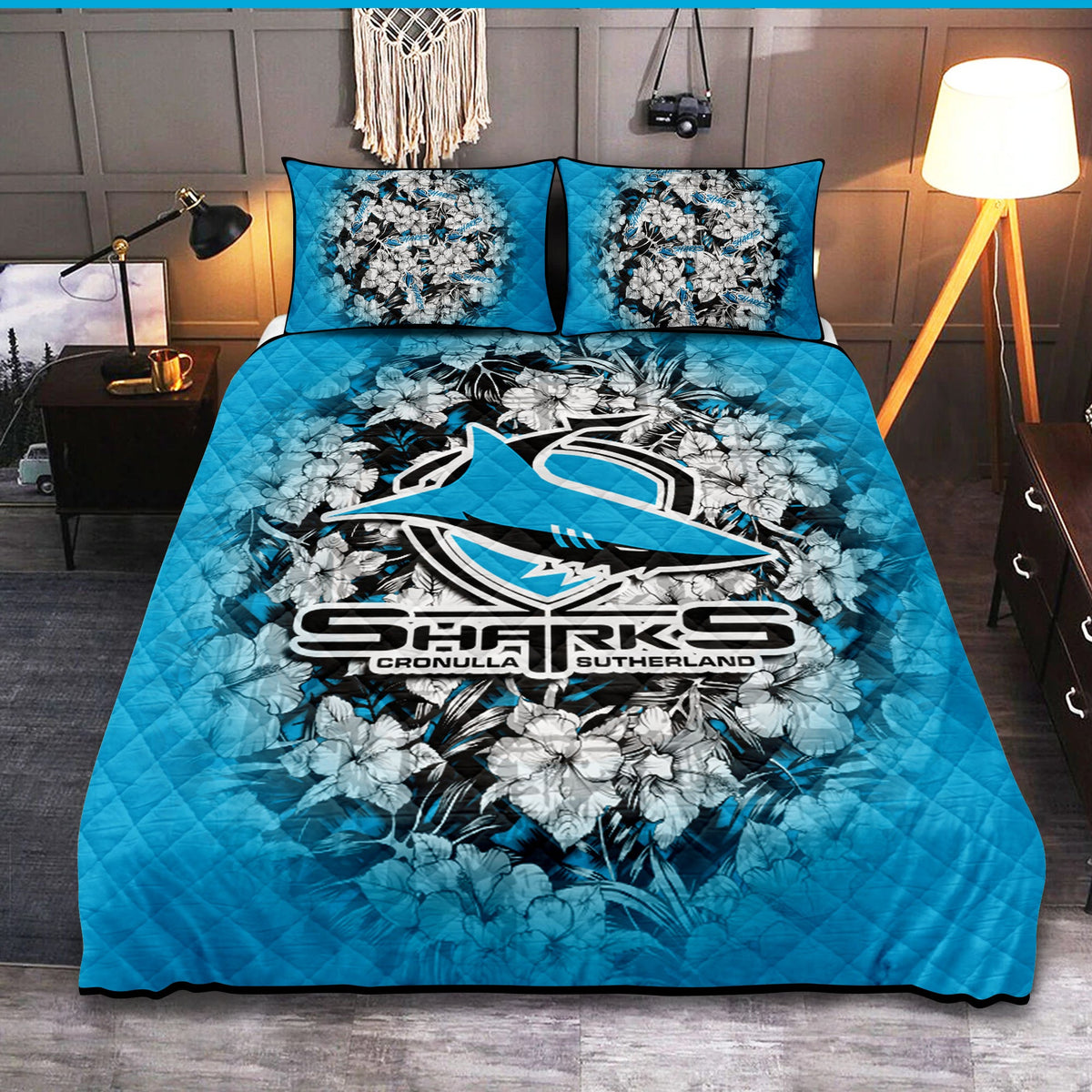 cronulla-sutherland-sharks-quilt-bed-set-polynesian-hibiscus-tropical-vintage-nrl