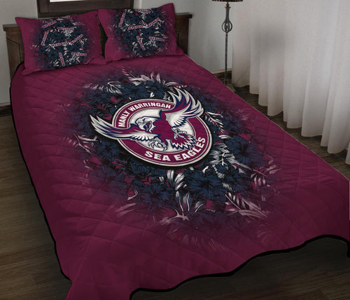 manly-warringah-sea-eagles-quilt-bed-set-polynesian-hibiscus-tropical-vintage-nrl
