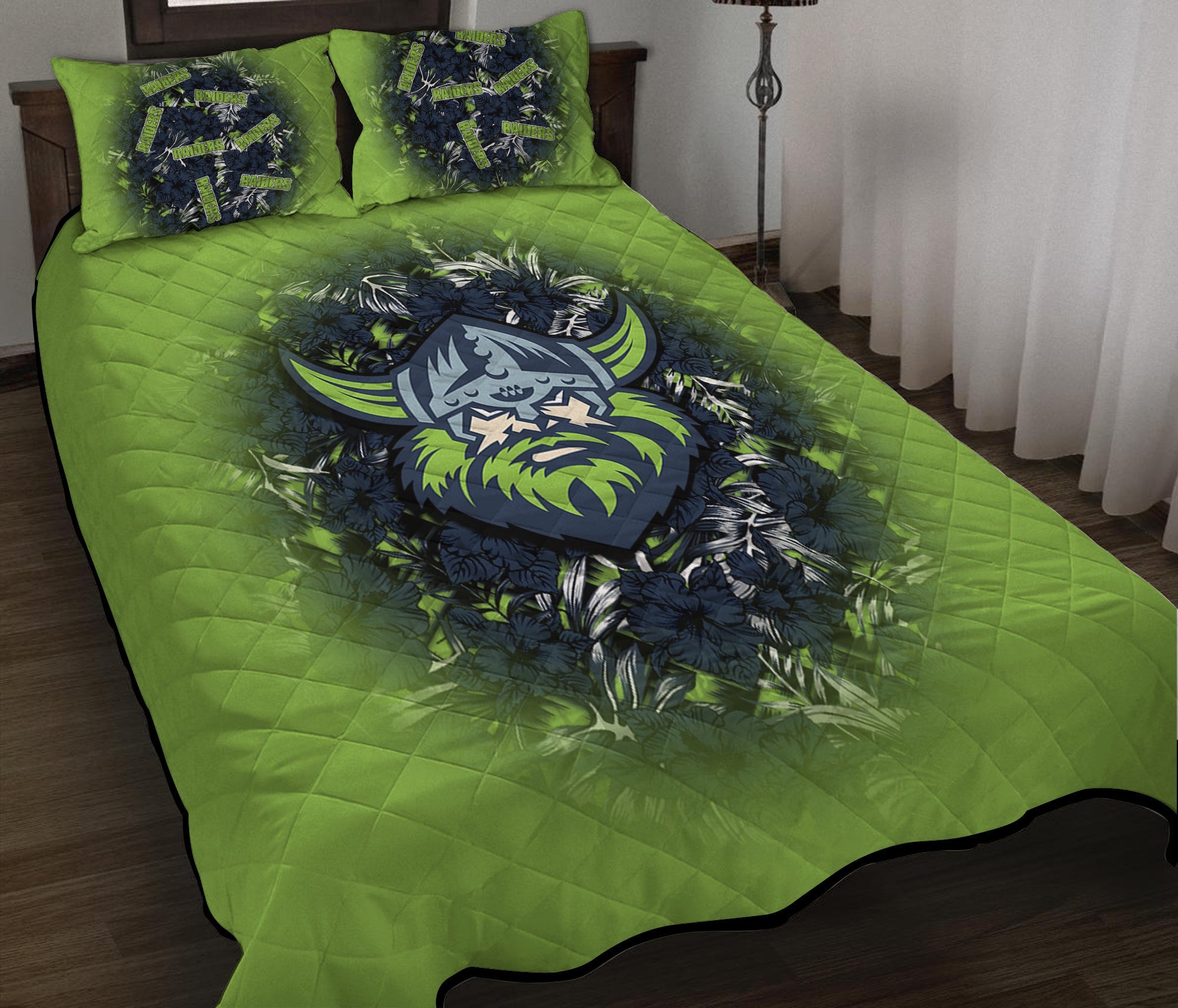 canberra-raiders-quilt-bed-set-polynesian-hibiscus-tropical-vintage-nrl