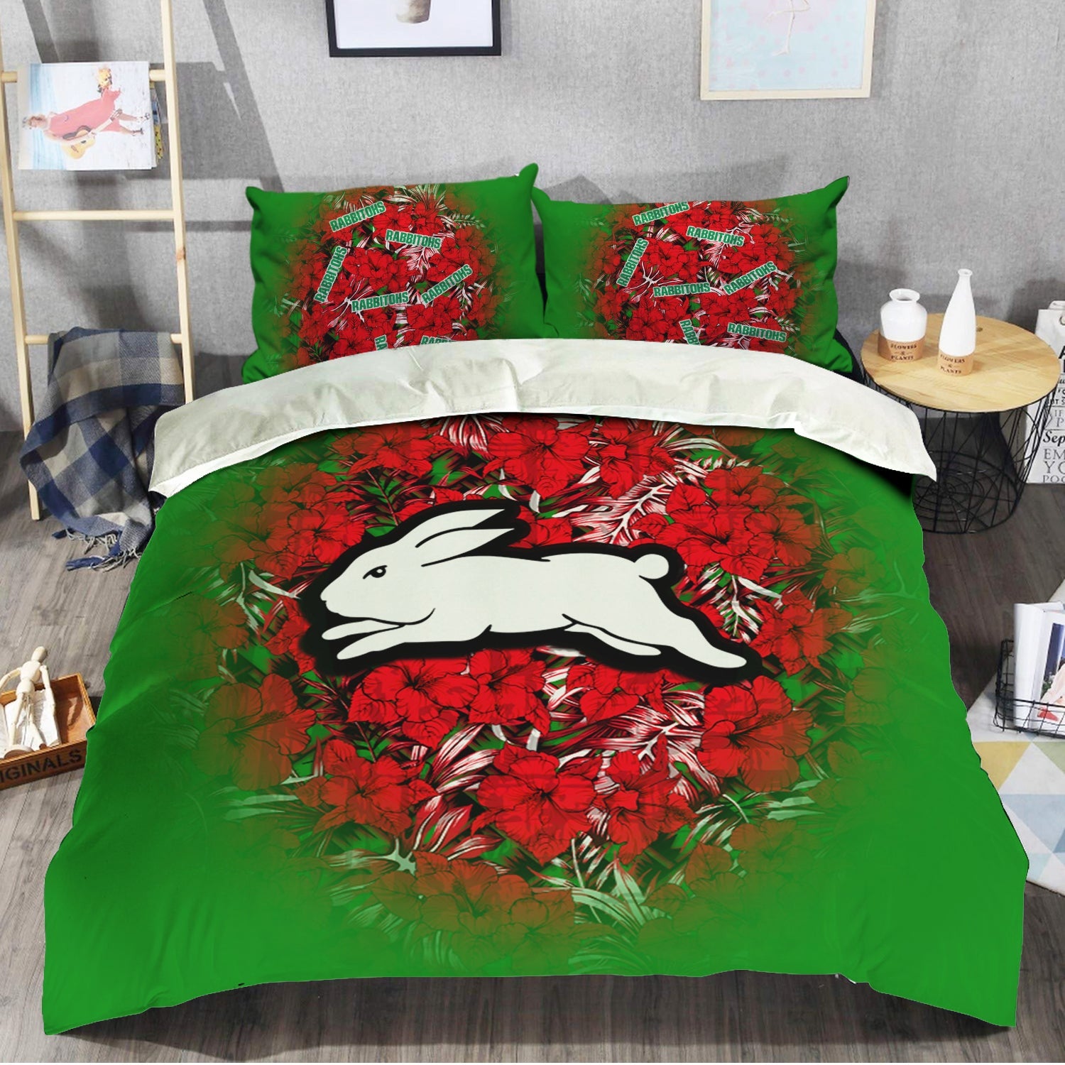 south-sydney-rabbitohs-bedding-set-polynesian-hibiscus-tropical-vintage-nrl