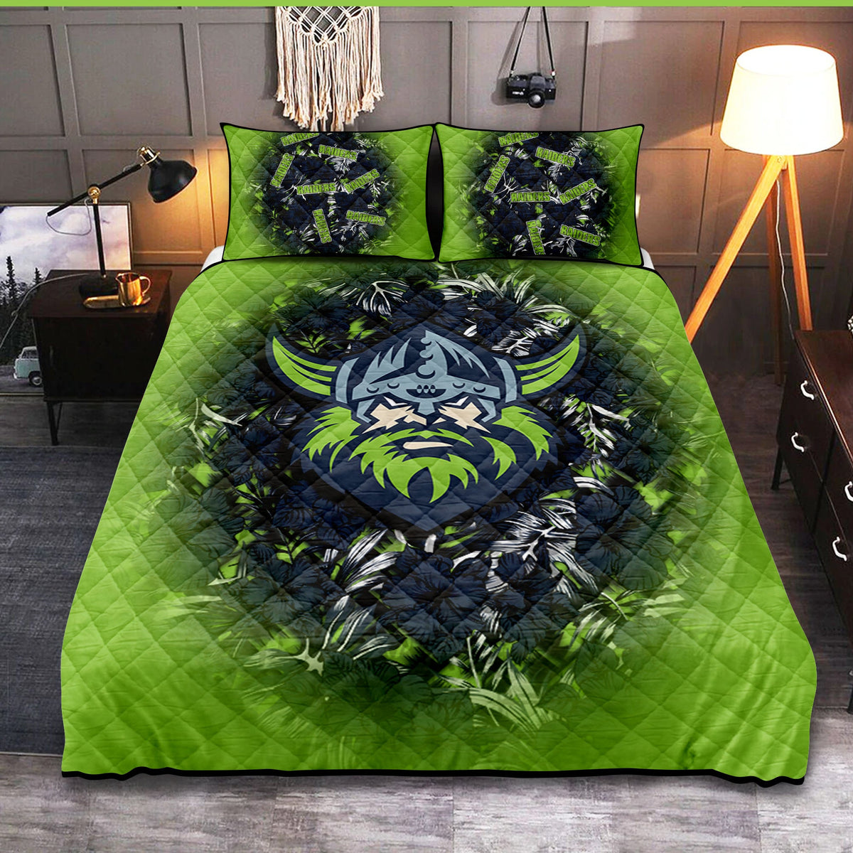 canberra-raiders-quilt-bed-set-polynesian-hibiscus-tropical-vintage-nrl