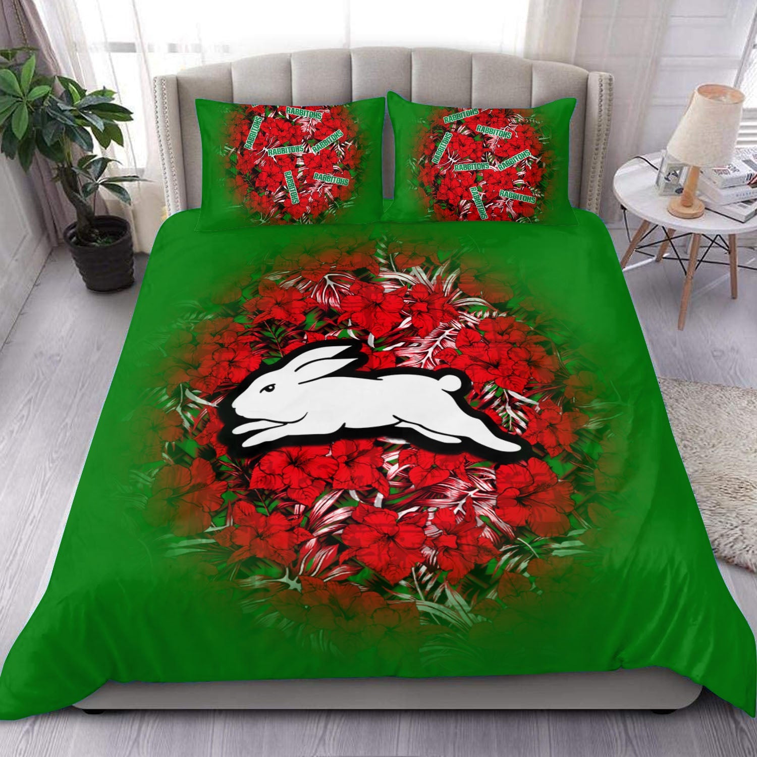south-sydney-rabbitohs-bedding-set-polynesian-hibiscus-tropical-vintage-nrl