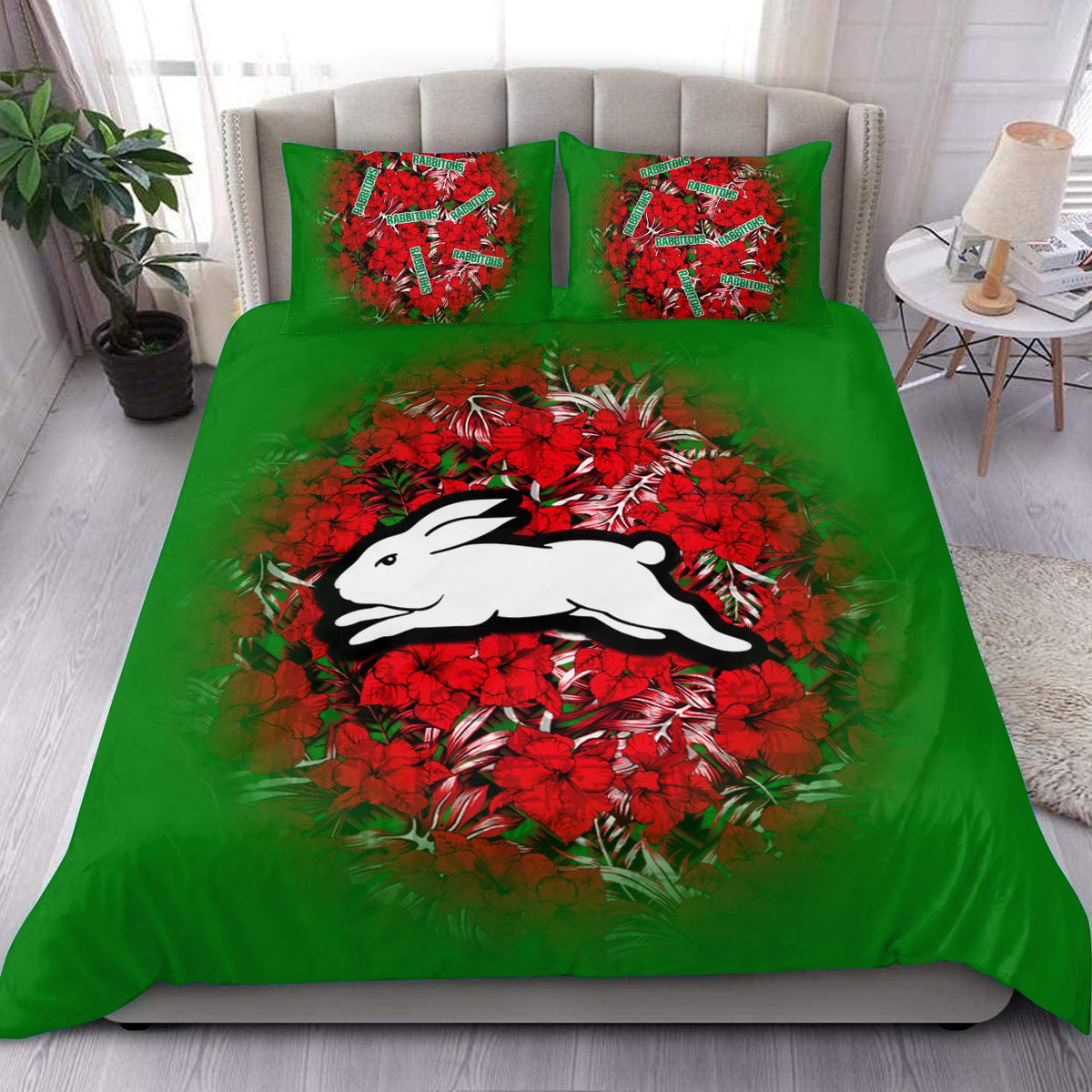 south-sydney-rabbitohs-bedding-set-polynesian-hibiscus-tropical-vintage-nrl