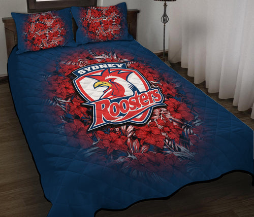 sydney-roosters-quilt-bed-set-polynesian-hibiscus-tropical-vintage-nrl