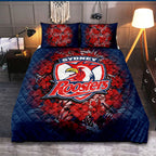sydney-roosters-quilt-bed-set-polynesian-hibiscus-tropical-vintage-nrl