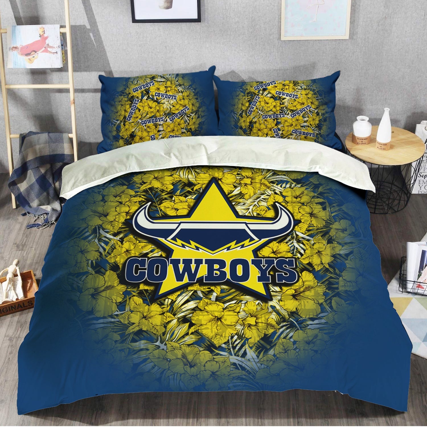 north-queensland-cowboys-bedding-set-polynesian-hibiscus-tropical-vintage-nrl