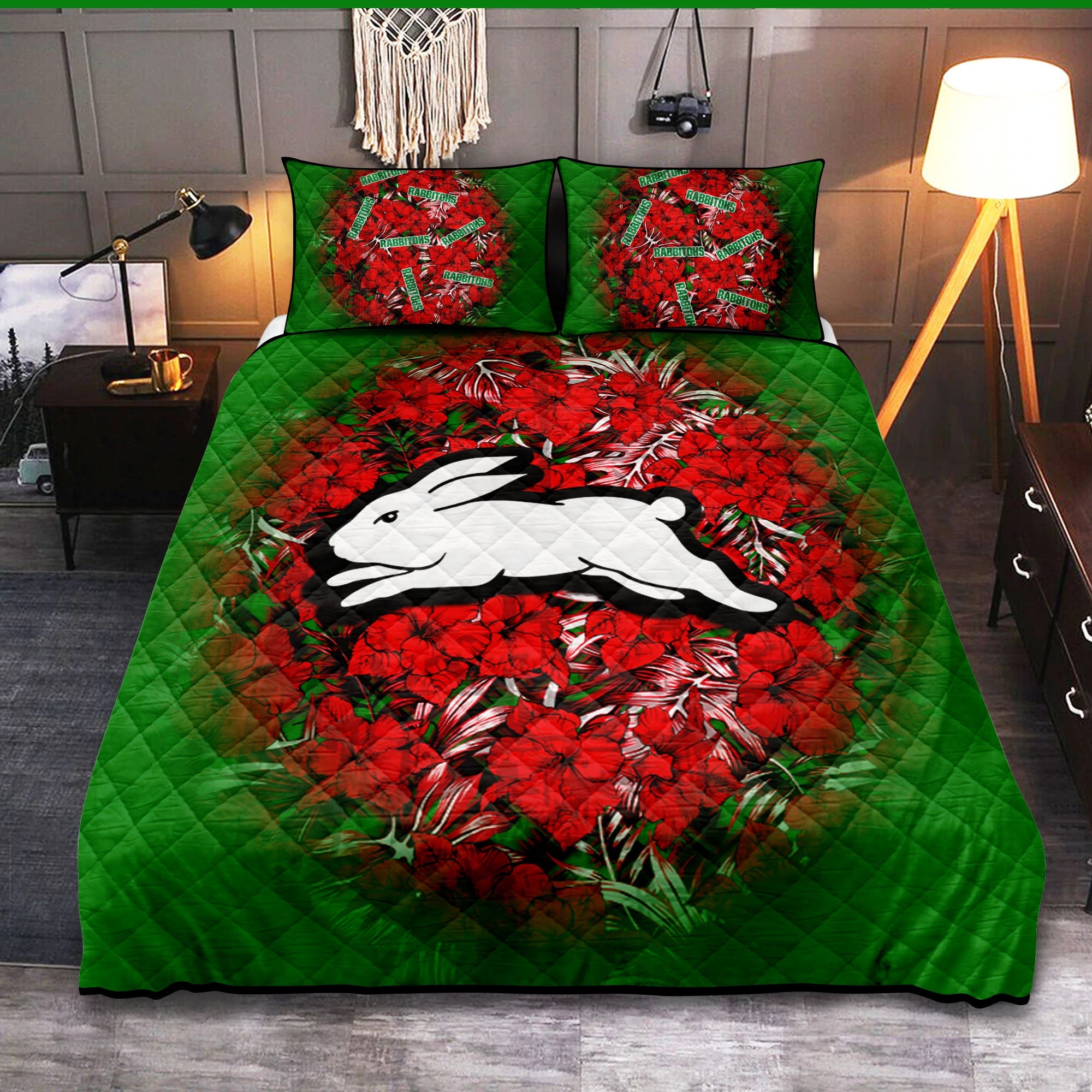 south-sydney-rabbitohs-quilt-bed-set-polynesian-hibiscus-tropical-vintage-nrl