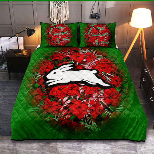 south-sydney-rabbitohs-quilt-bed-set-polynesian-hibiscus-tropical-vintage-nrl